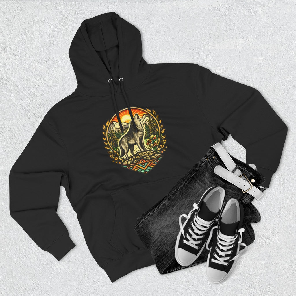 Wolf Sunset Hoodie | Vintage Forest Nature Graphic Fleece Hoodie