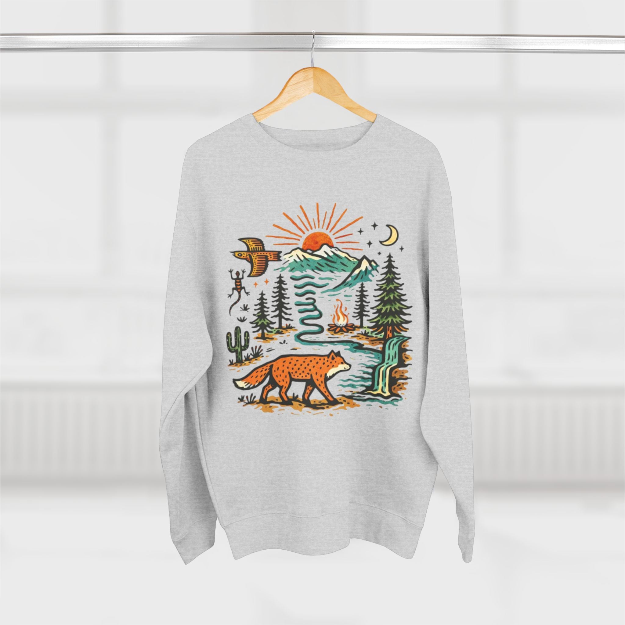 Nature Scene Sweatshirt | Mountain Adventure with Fox & Campfire Graphic