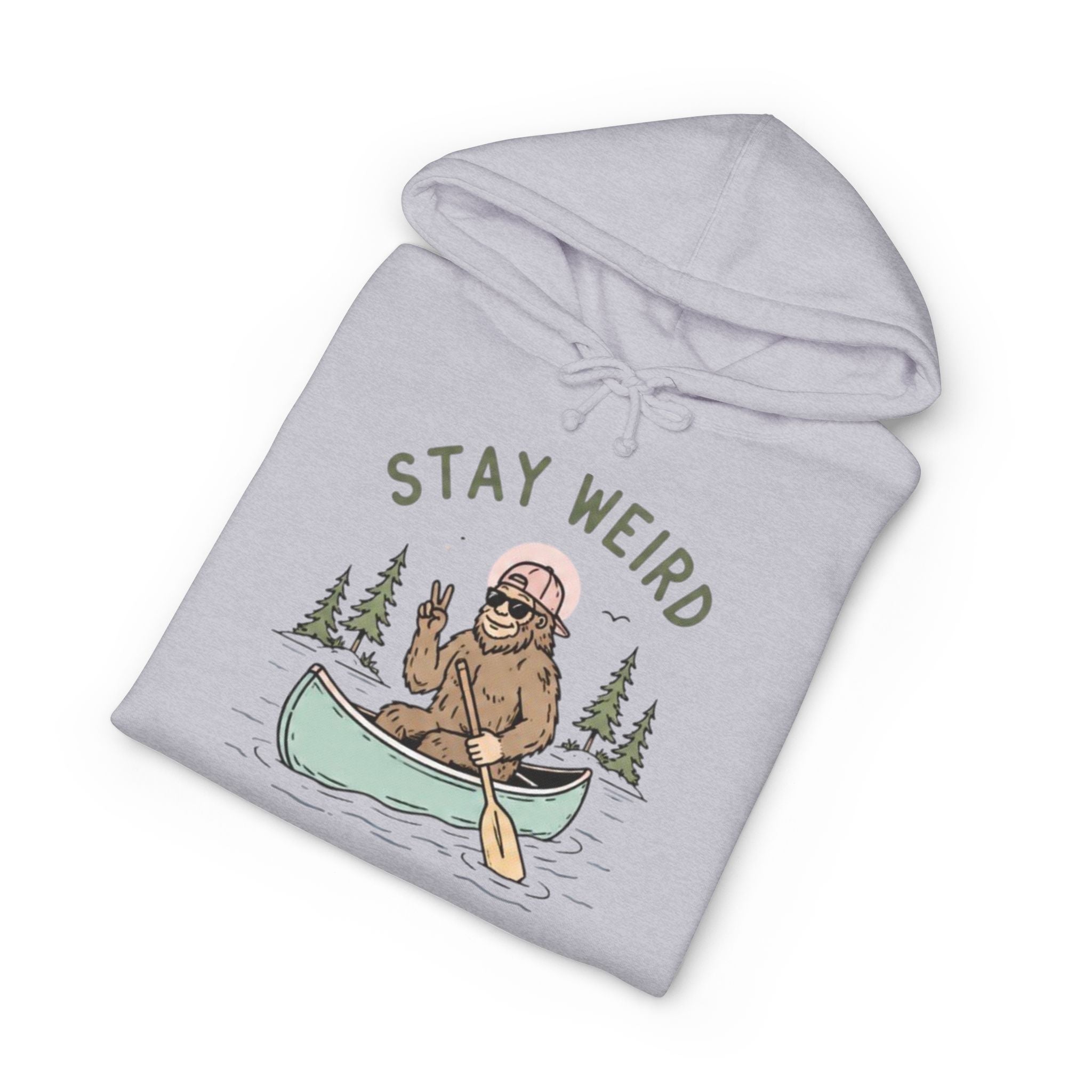 Stay Weird Canoe Hoodie | Bigfoot Paddling Graphic Sweatshirt