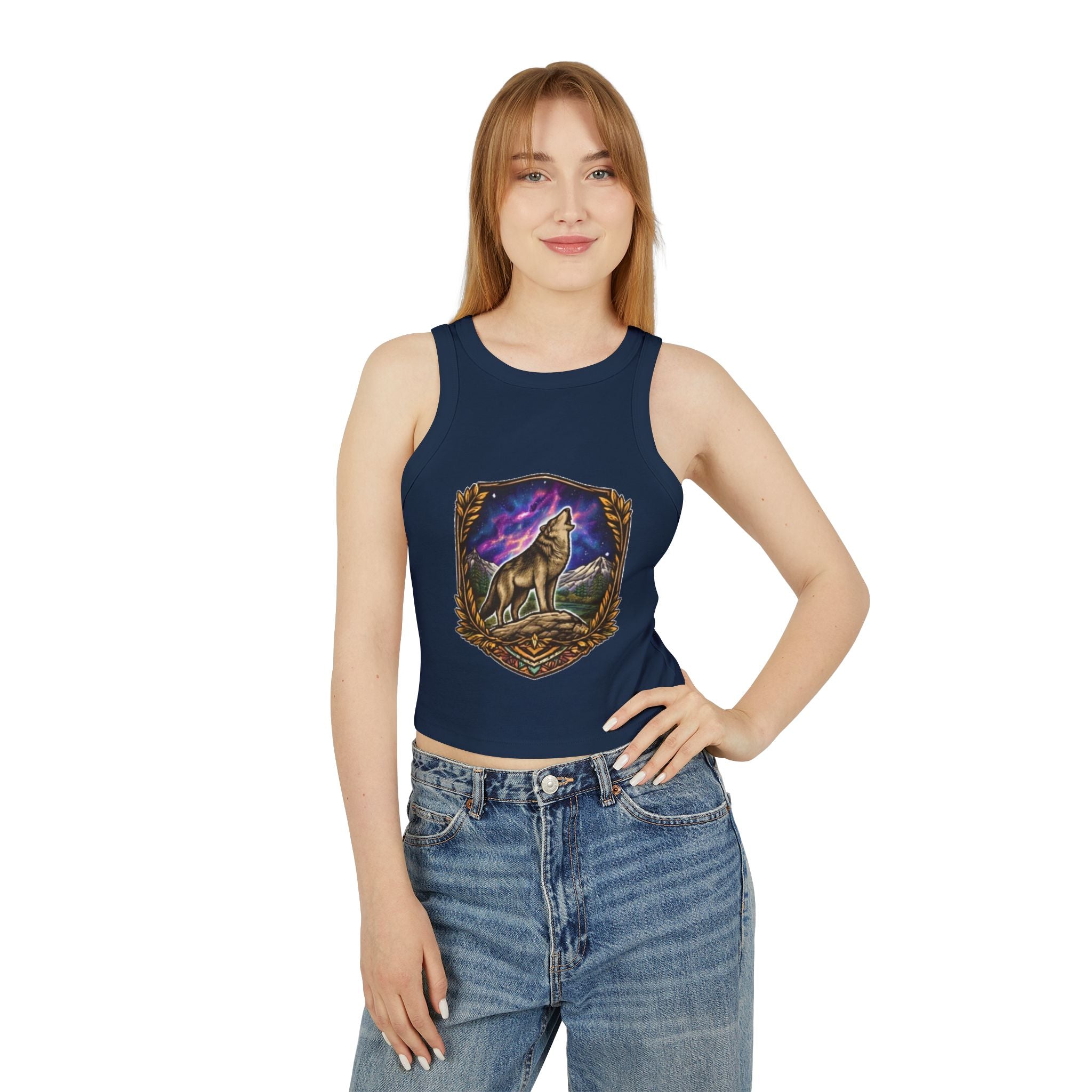 Wolf Crest Racer Tank Top | Northern Lights Graphic Crop Tank