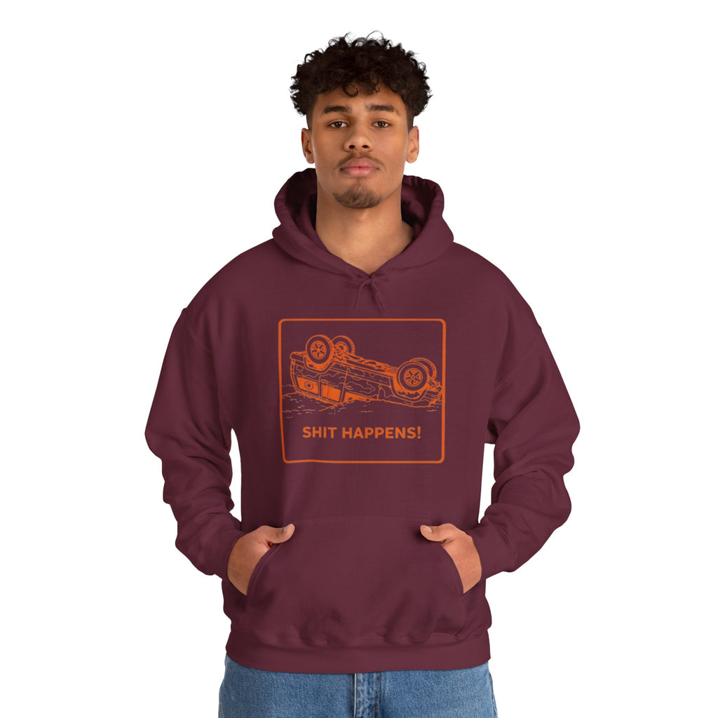 Hoodie | "Shit Happens" Upside-Down Car Graphic Comfort Hoodie
