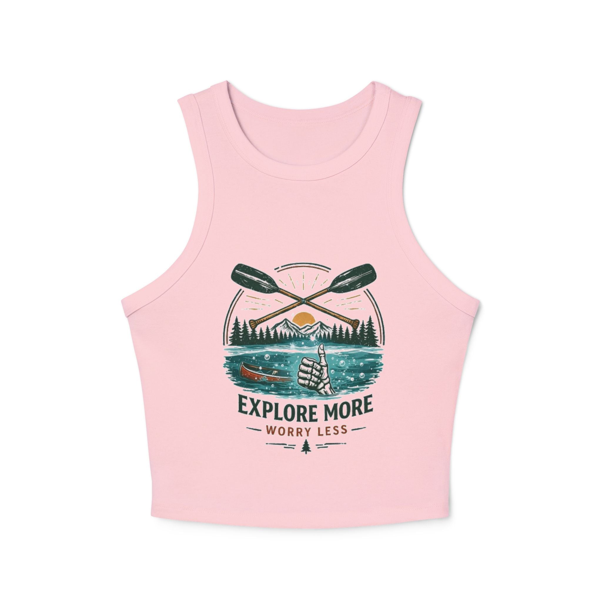 Explore More Racer Tank Top | Womens Outdoor Adventure Crop with "Explore More, Worry Less" Graphic