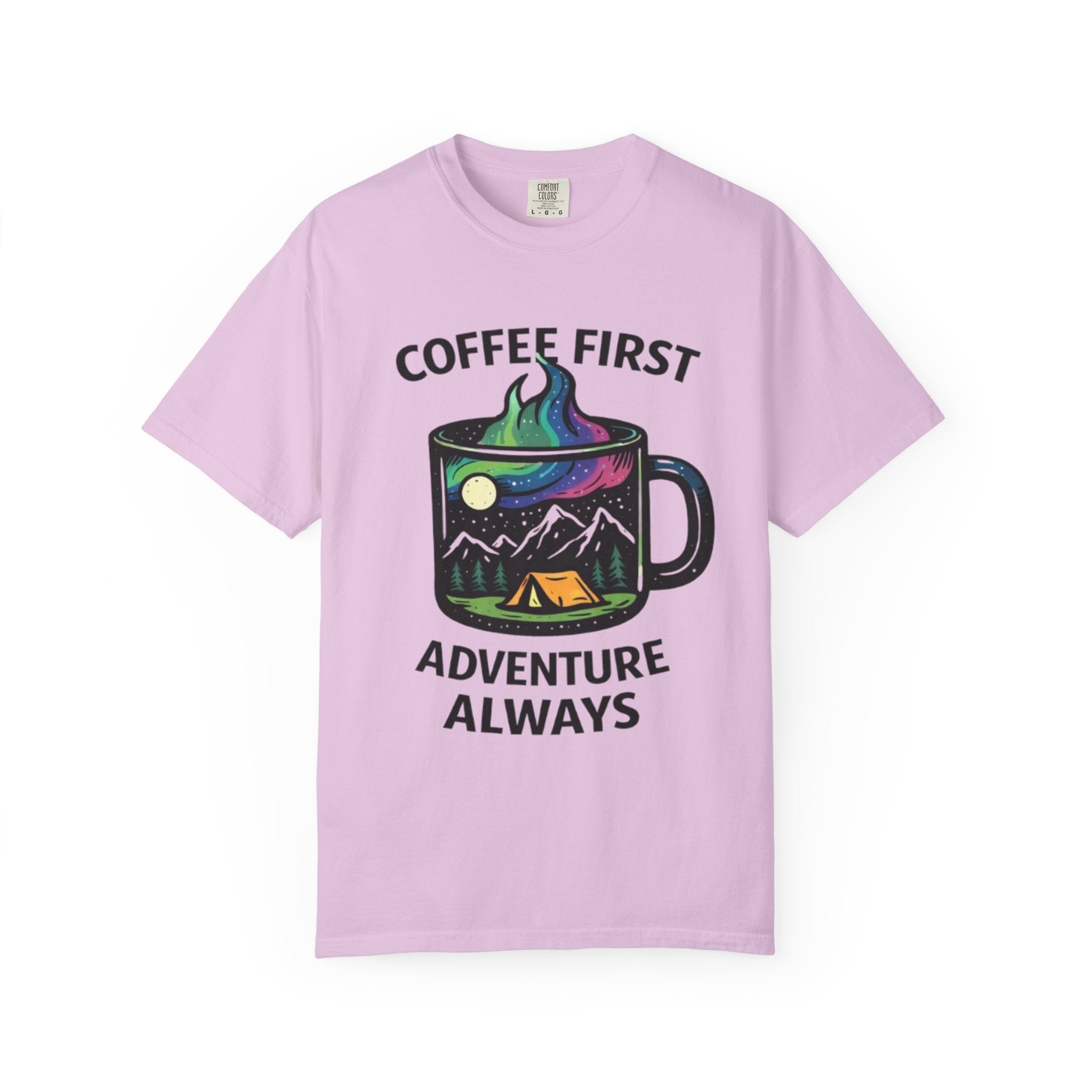 Coffee First Adventure Always T-Shirt | Camping Mug Mountain Design