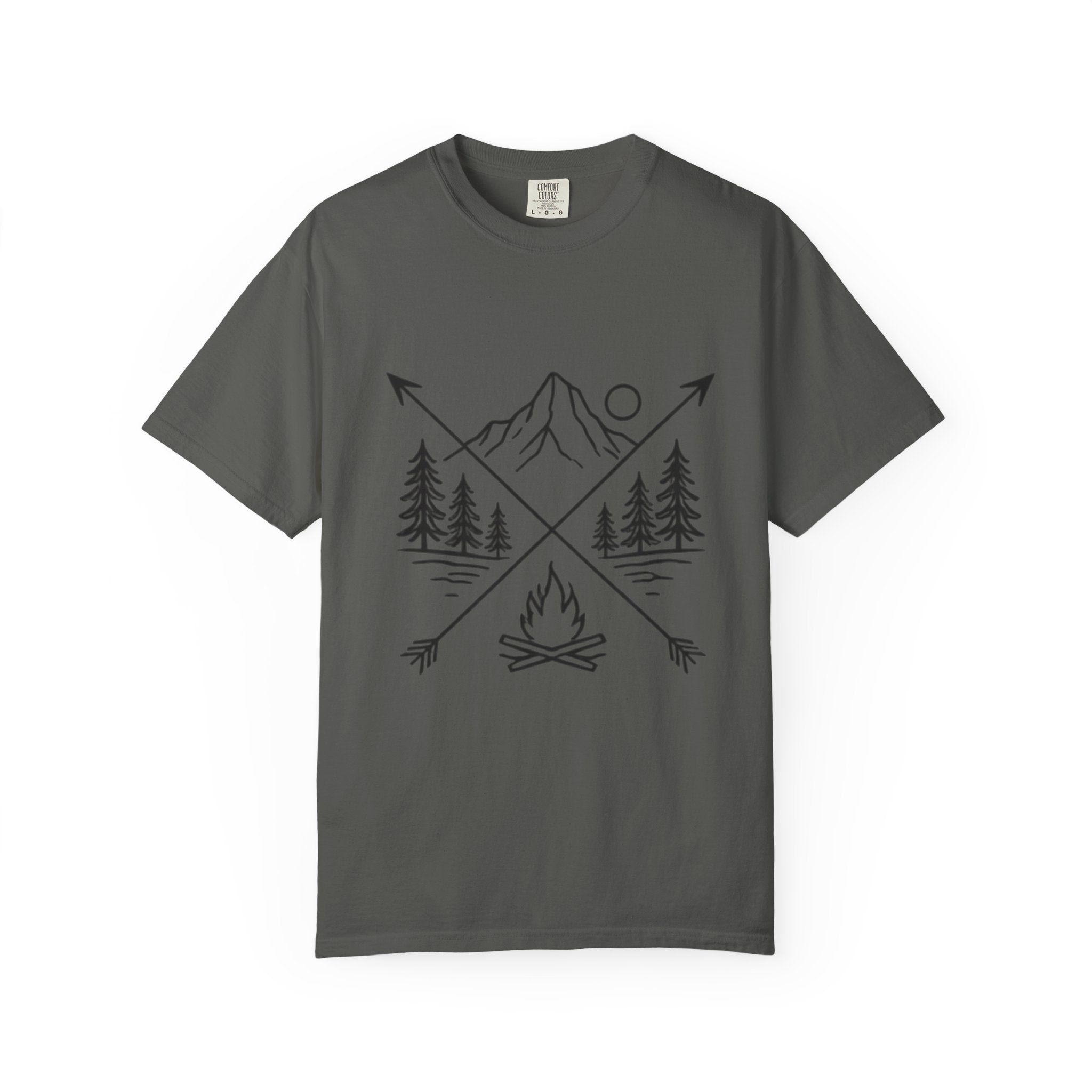 Campfire Mountain T-Shirt | Outdoor Adventure Tee with Arrows & Pines