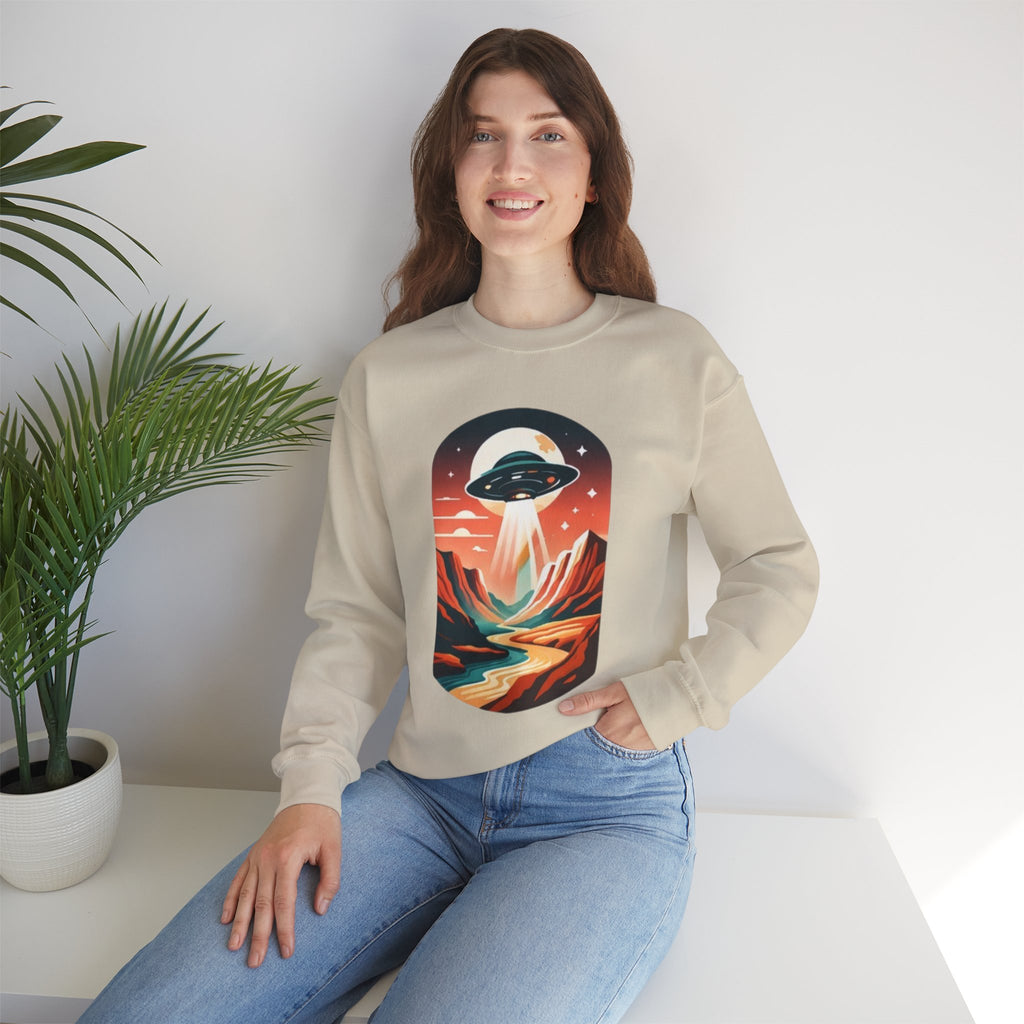 UFO Adventure Crewneck Sweatshirt | Retro Alien Abduction Mountain Graphic