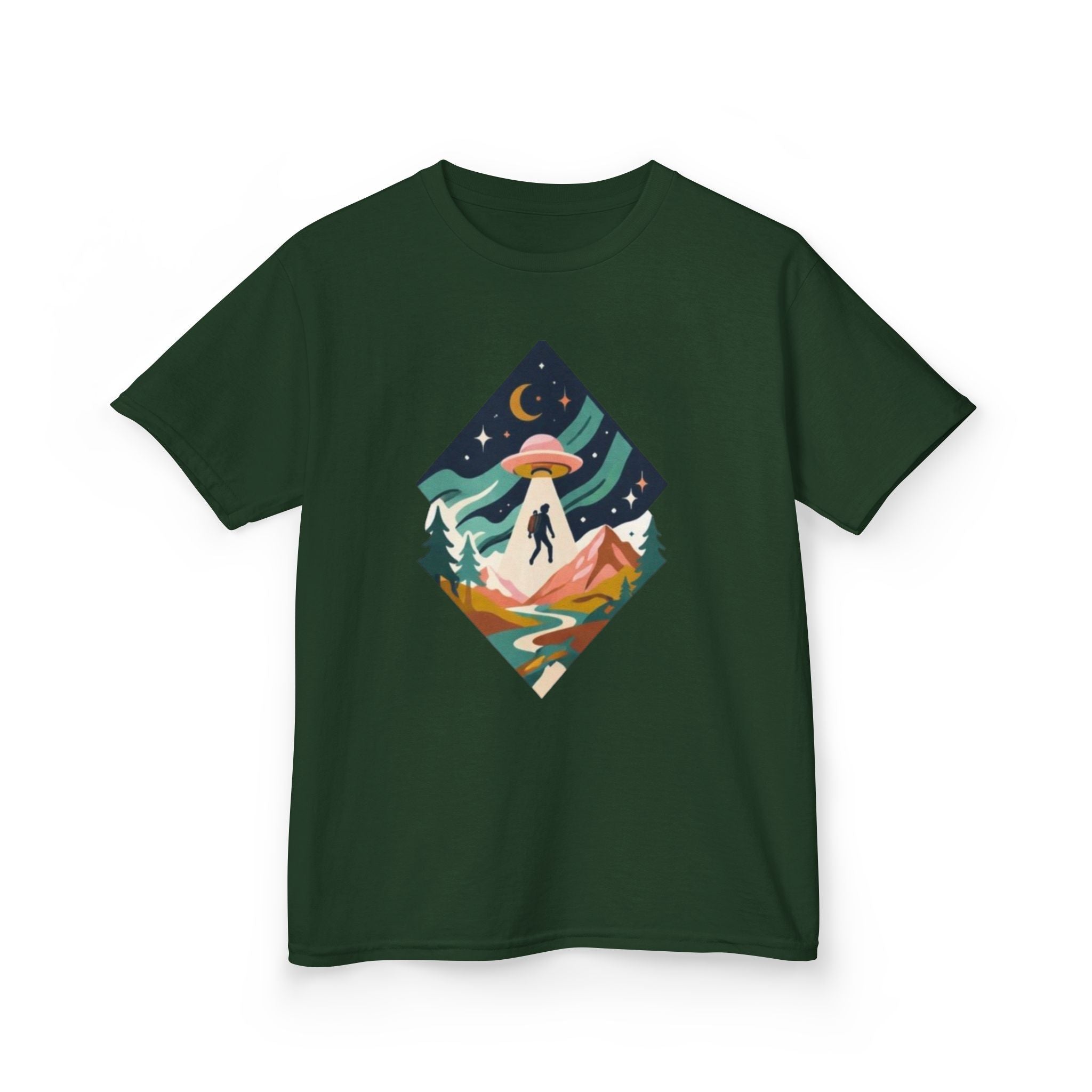 Kids Tee | Colorful UFO Abduction Mountain Scene