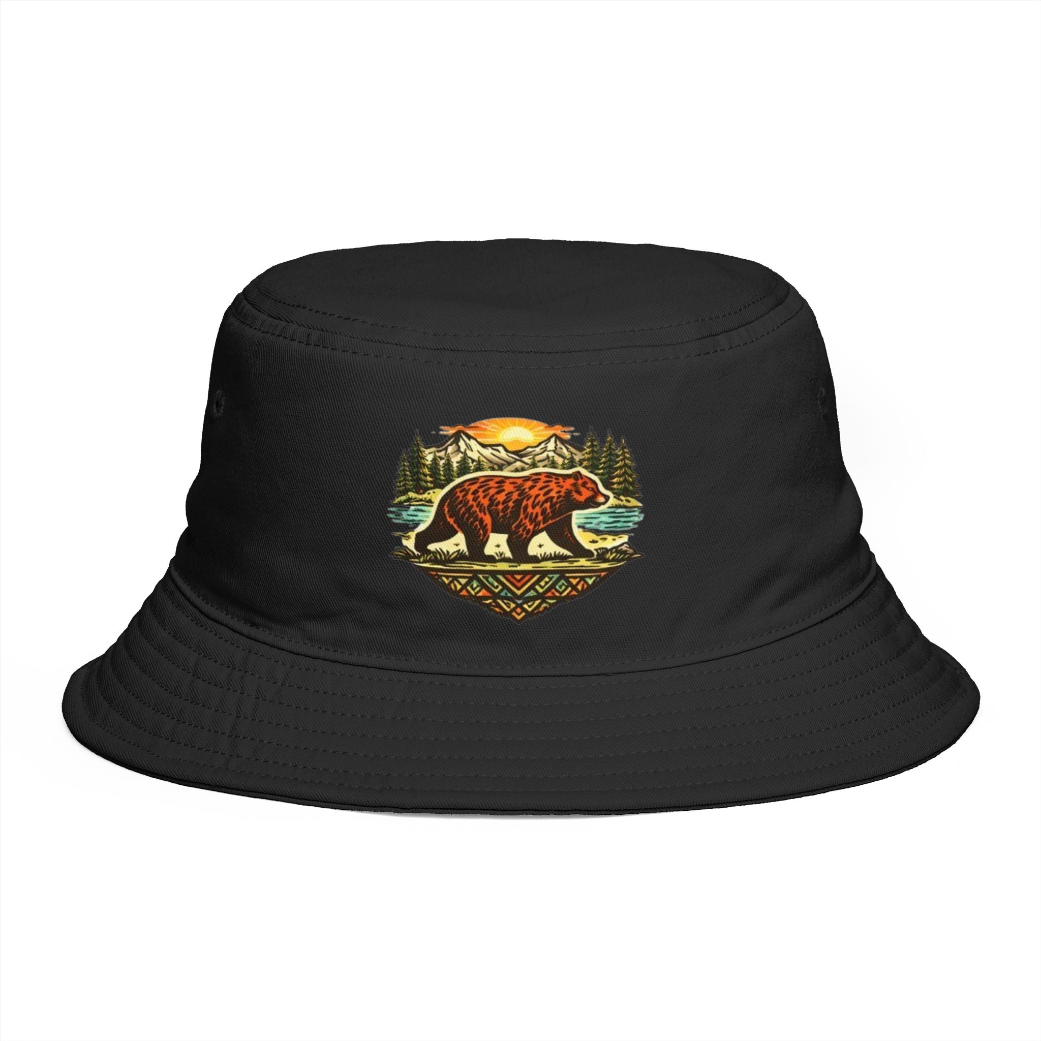 Bear Wilderness Bucket Hat | Retro Mountain Sunset Outdoor Cap