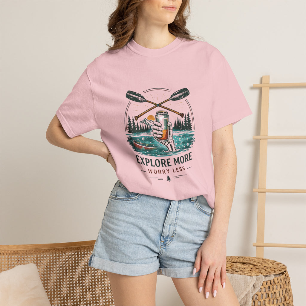 Explore More Worry Less T-Shirt | Outdoor Canoe Camping Adventure Tee