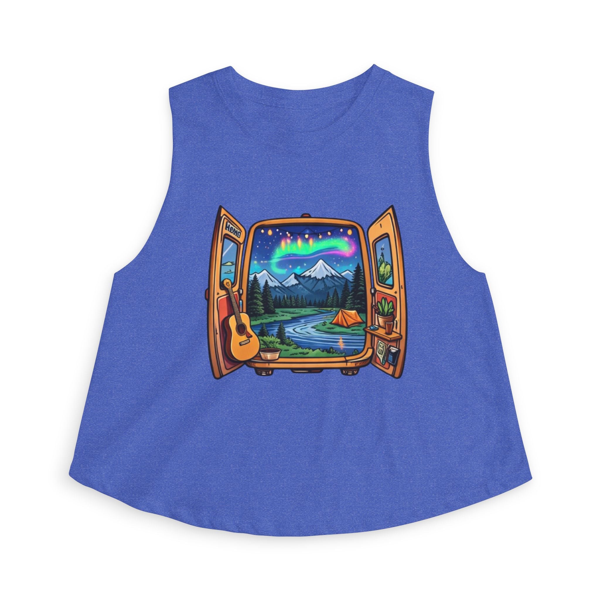 Adventure Window Crop Top | Mountain Camping, Aurora & Guitar Graphic