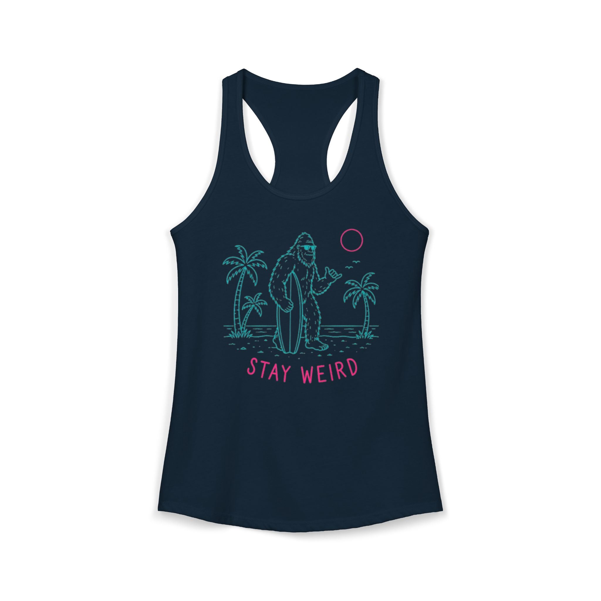 Stay Weird Sasquatch Racerback Tank | Minimalist Surfer Vibe for Women