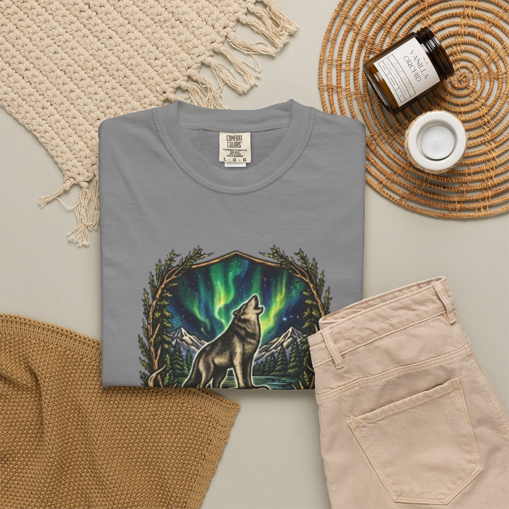 Deer Skull and Wolf Howling T-Shirt | Northern Lights Nature Graphic Tee