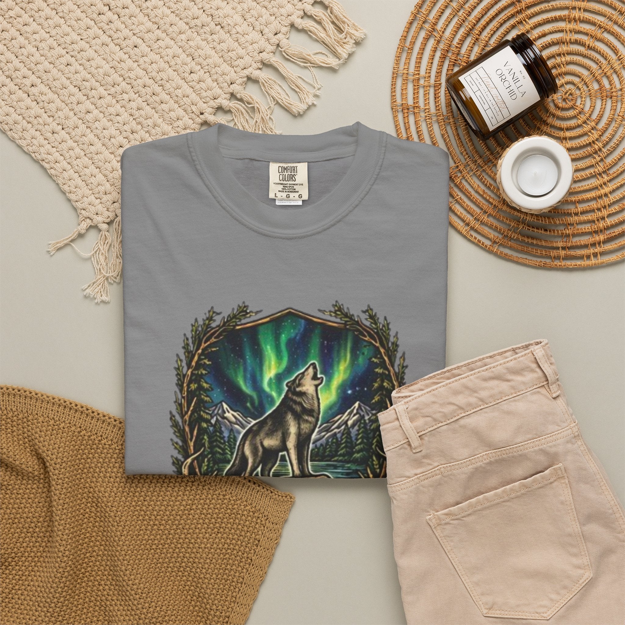 Deer Skull and Wolf Howling T-Shirt | Northern Lights Nature Graphic Tee