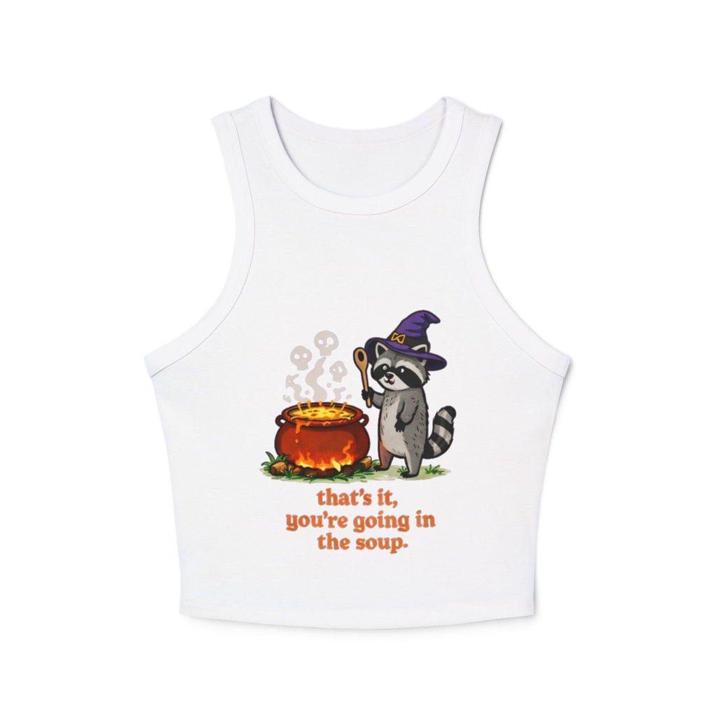 Witchy Raccoon Tank Top | "Thats it, youre going in the soup" Cute Halloween Crop