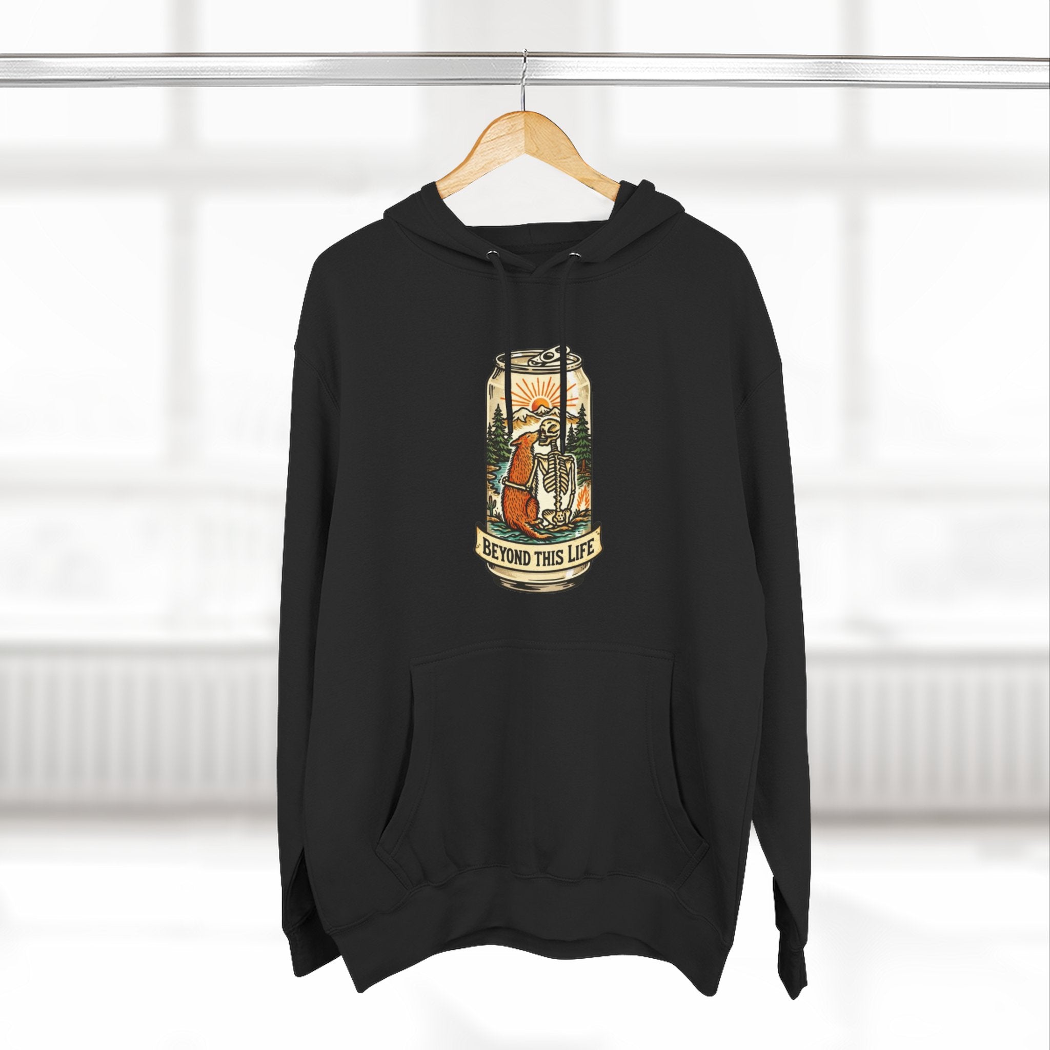 Vintage Skeleton and Dog Camper Hoodie | Beyond This Life Retro Travel Graphic