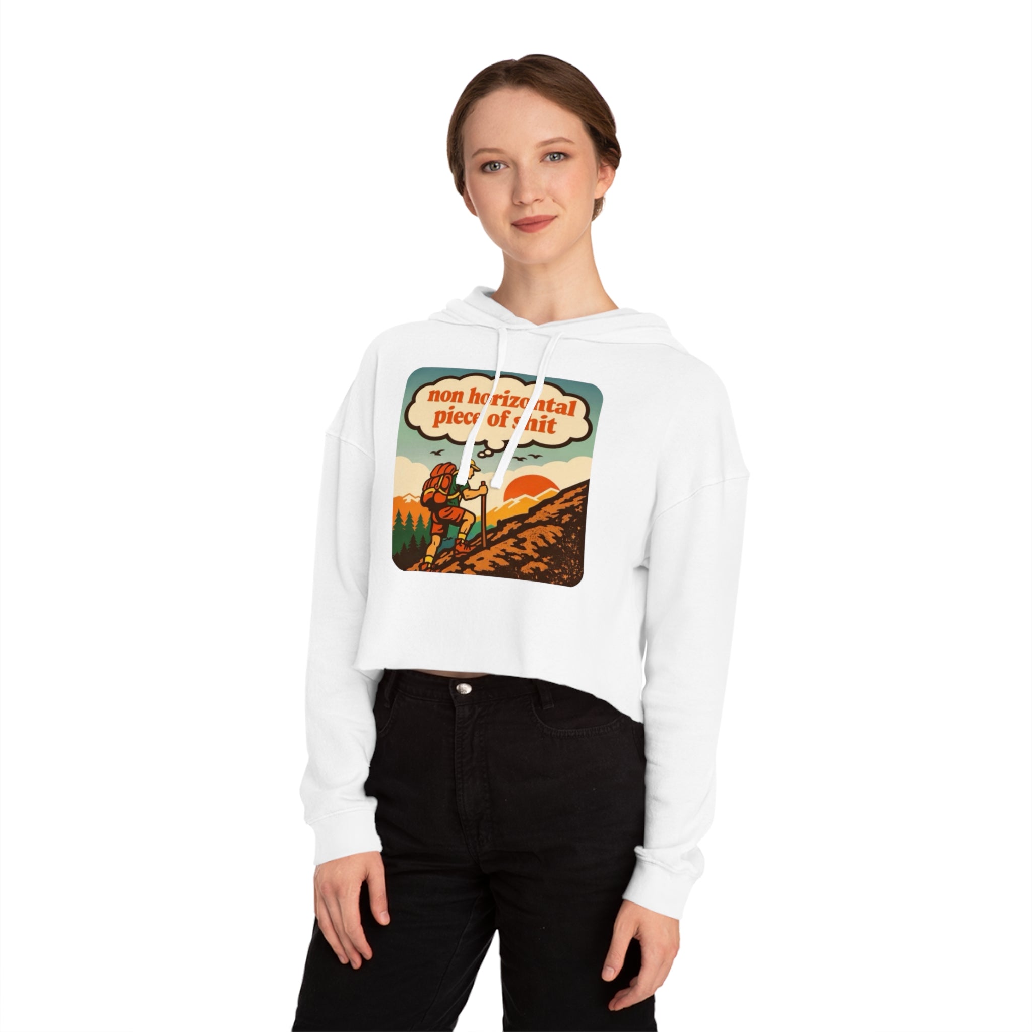 Women’s Cropped Hoodie | Retro Hiker "non horizontal piece of shit" Graphic