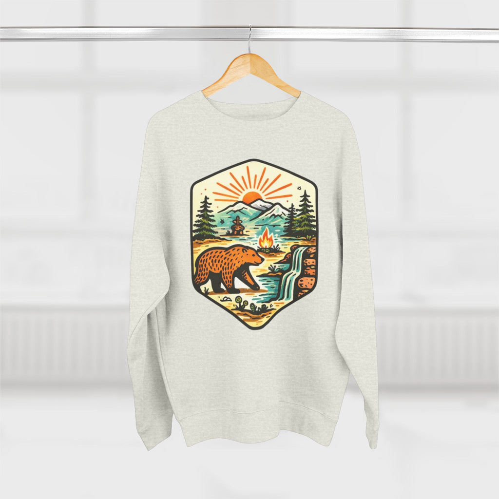Bear Wilderness Crewneck Sweatshirt | Scenic Campfire Mountain Patch Design
