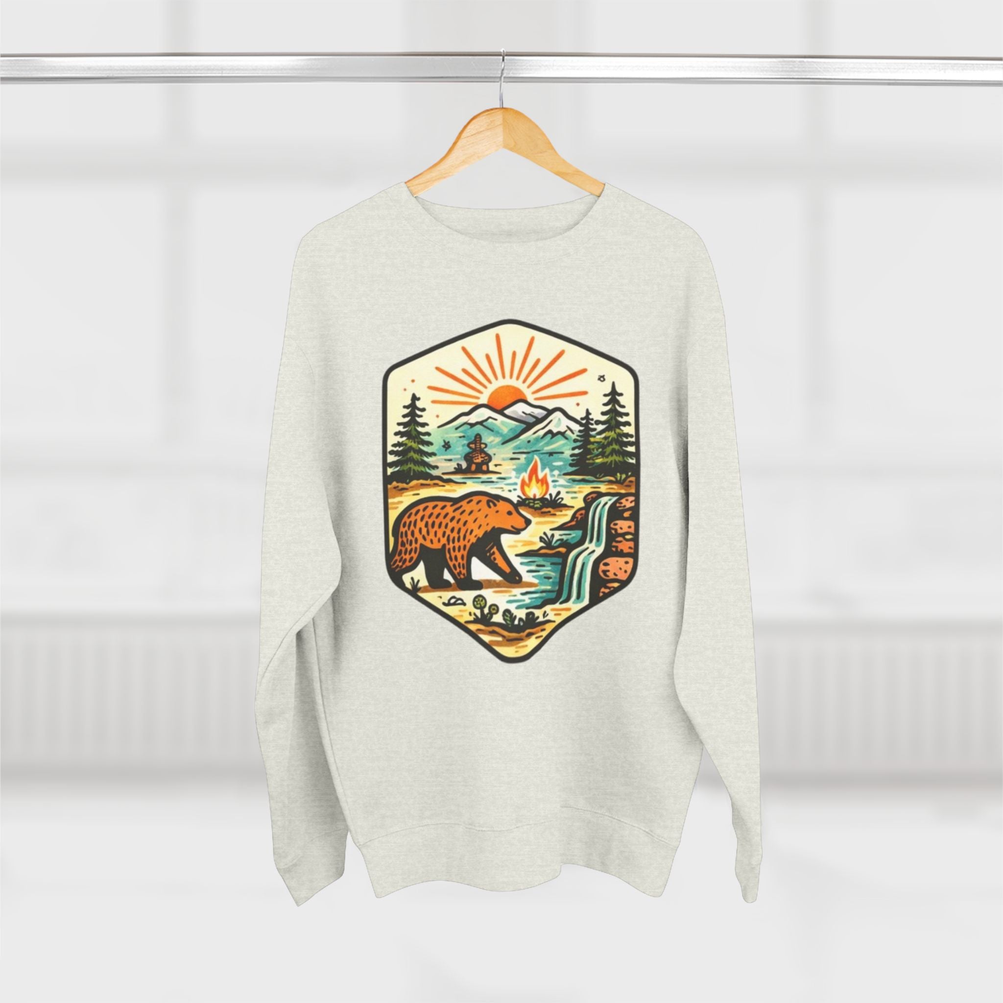 Bear Wilderness Crewneck Sweatshirt | Scenic Campfire Mountain Patch Design