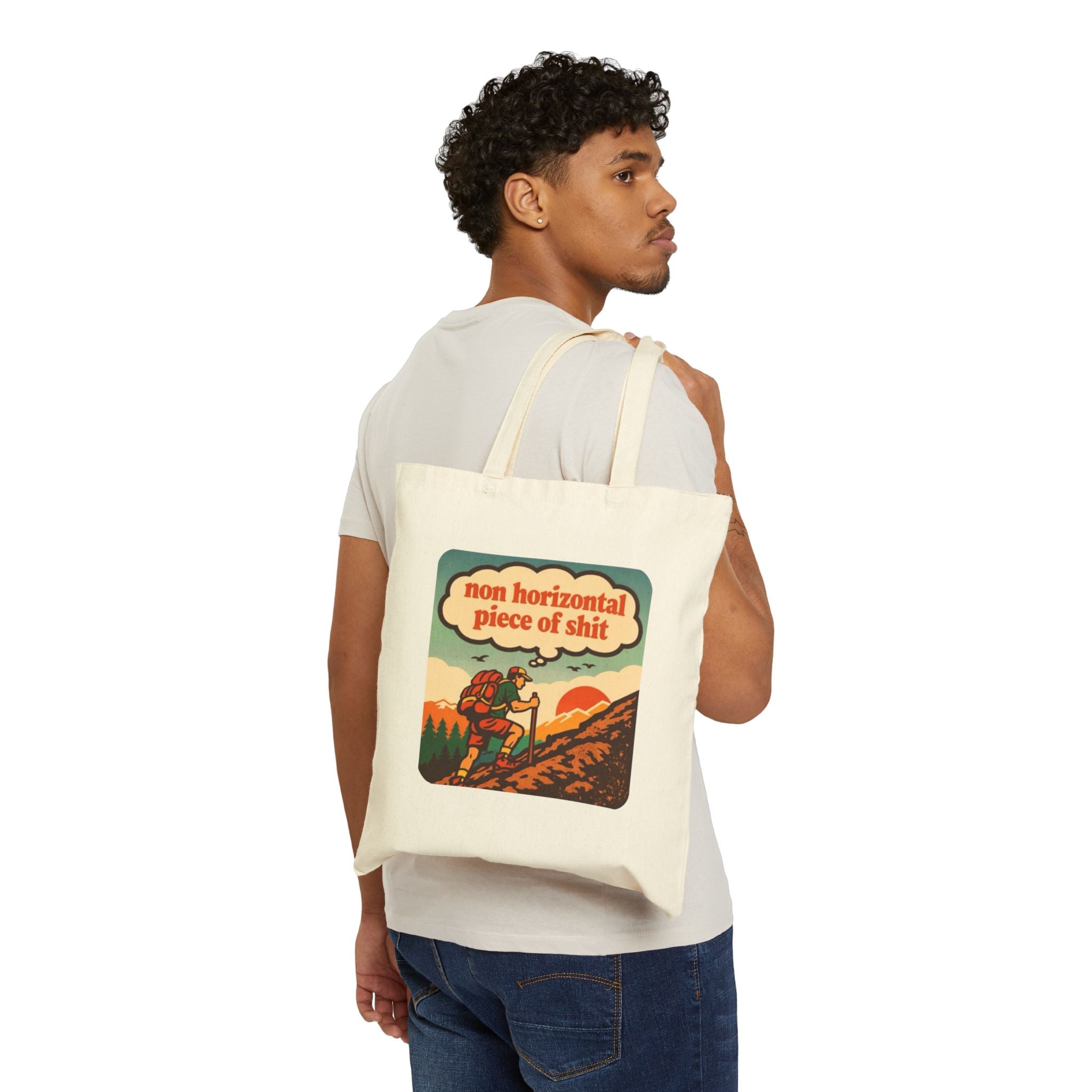 Retro Hiker Tote Bag | "non horizontal piece of shit" Canvas Tote