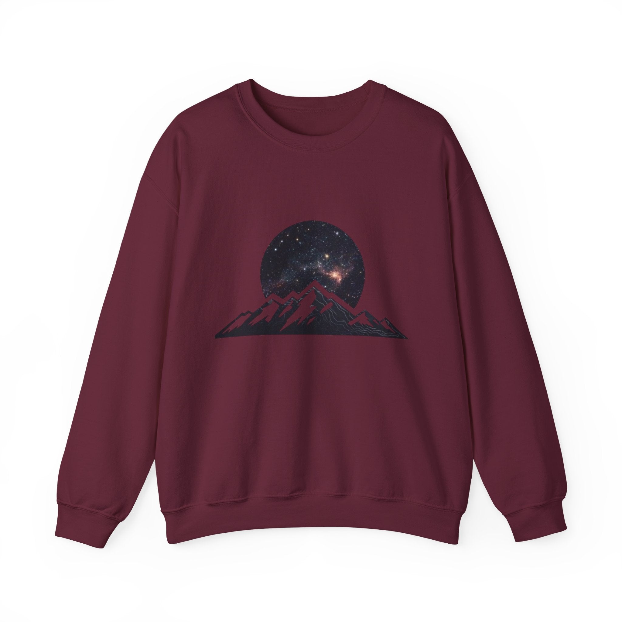 Mountain Night Crewneck Sweatshirt | Galaxy Moon & Peaks Graphic