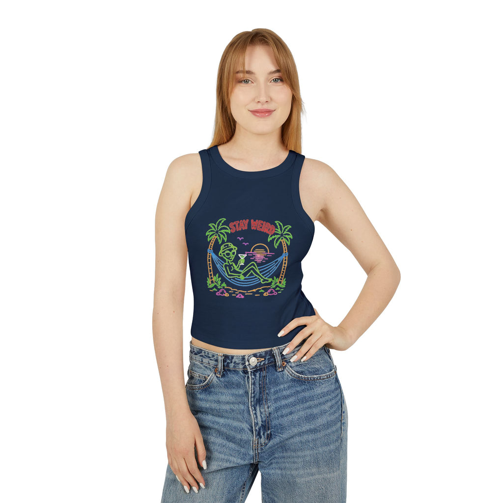 Stay Weird Tank Top | Womens Ribbed Racerback Crop Tank with Retro Beach Graphic