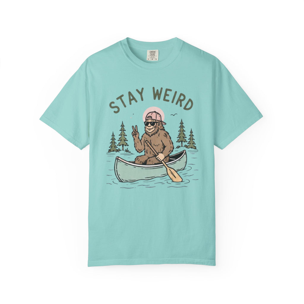 Stay Weird Canoe T-Shirt | Funny Bigfoot Paddling Outdoors Graphic Tee