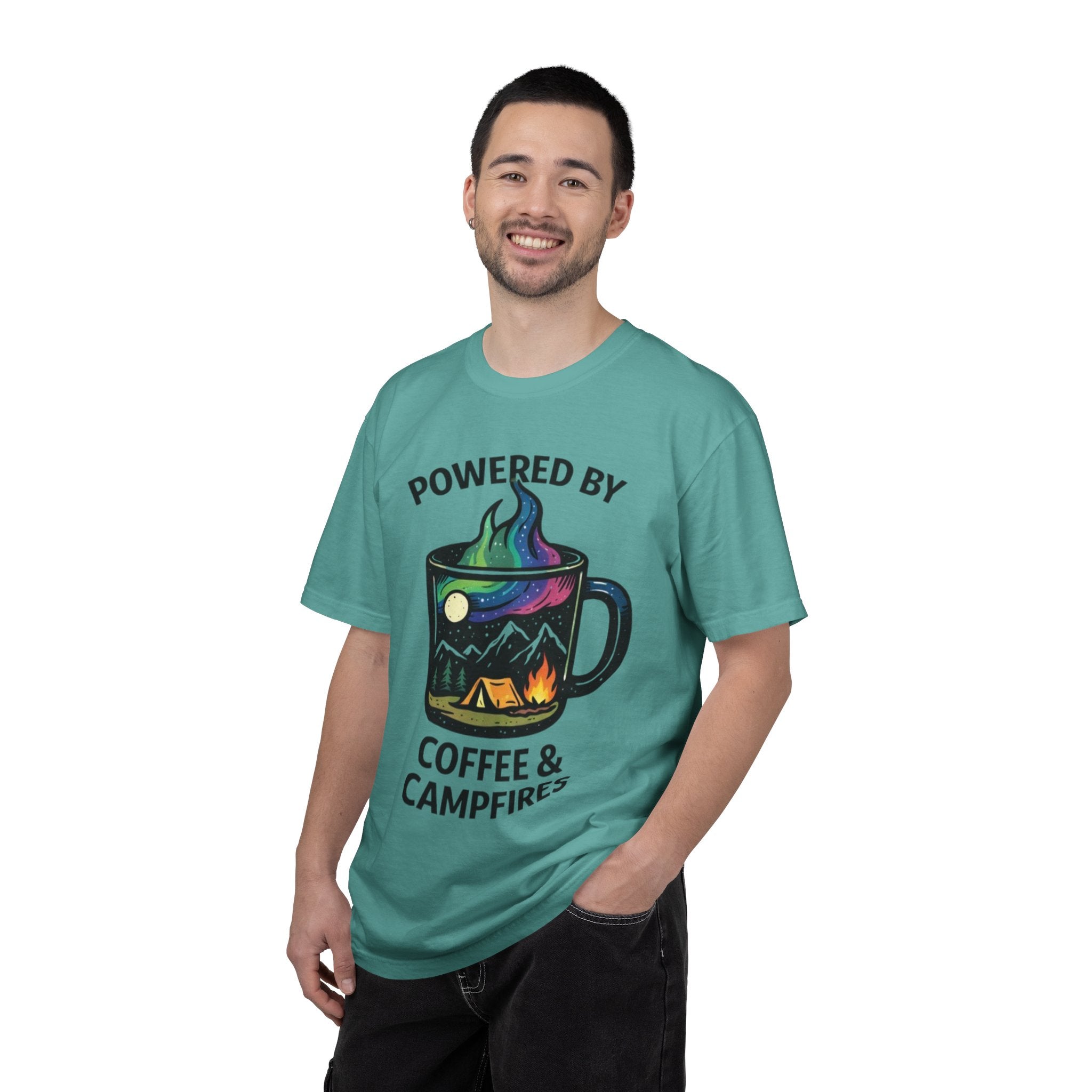Powered by Coffee & Campfires T-shirt | Camping Mug Nature Graphic