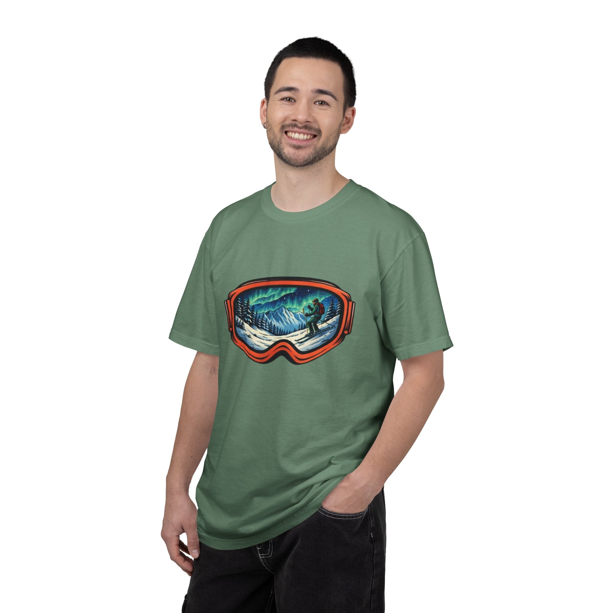 Northern Lights Ski Goggles T-Shirt | Aurora Skiing Landscape Design