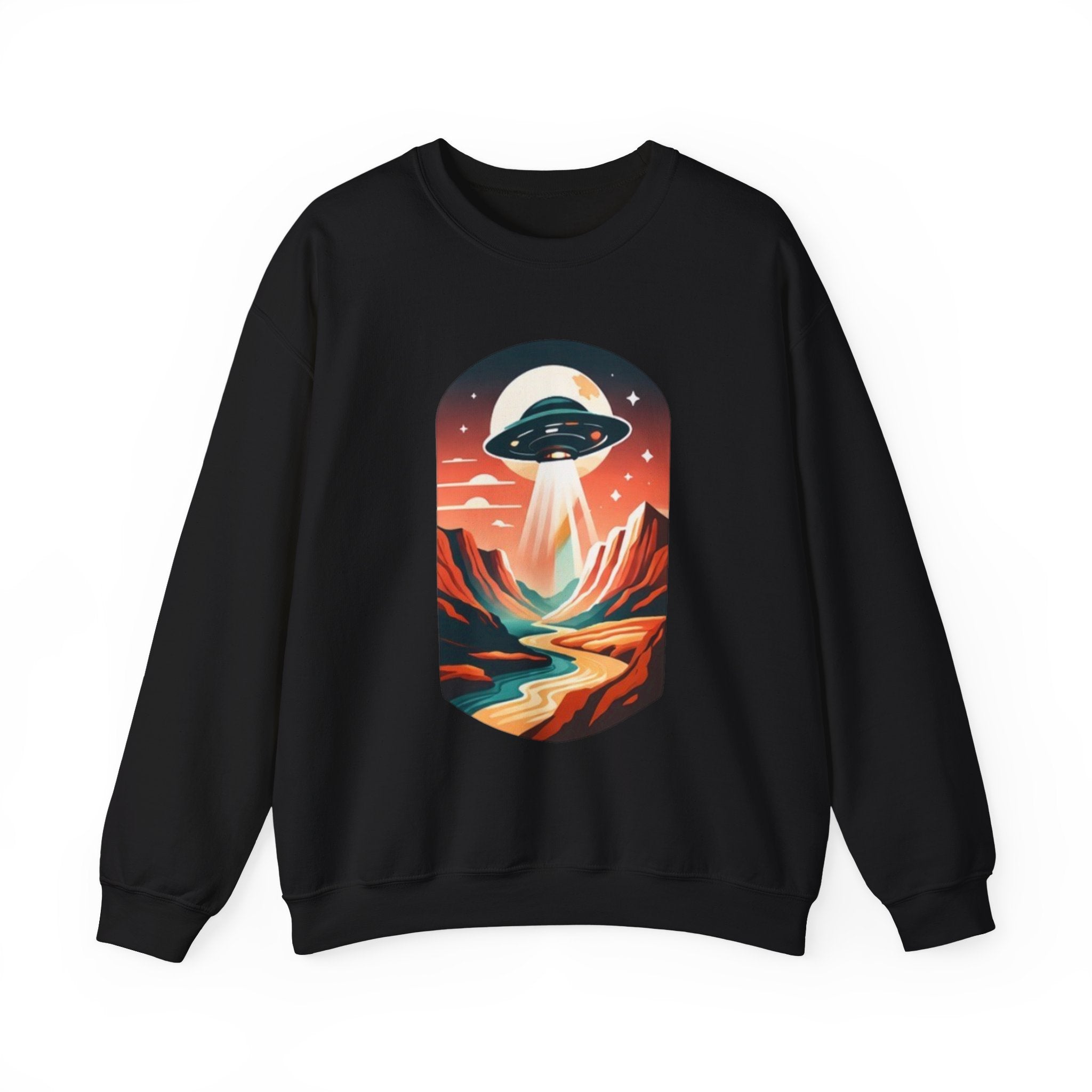 UFO Adventure Crewneck Sweatshirt | Retro Alien Abduction Mountain Graphic