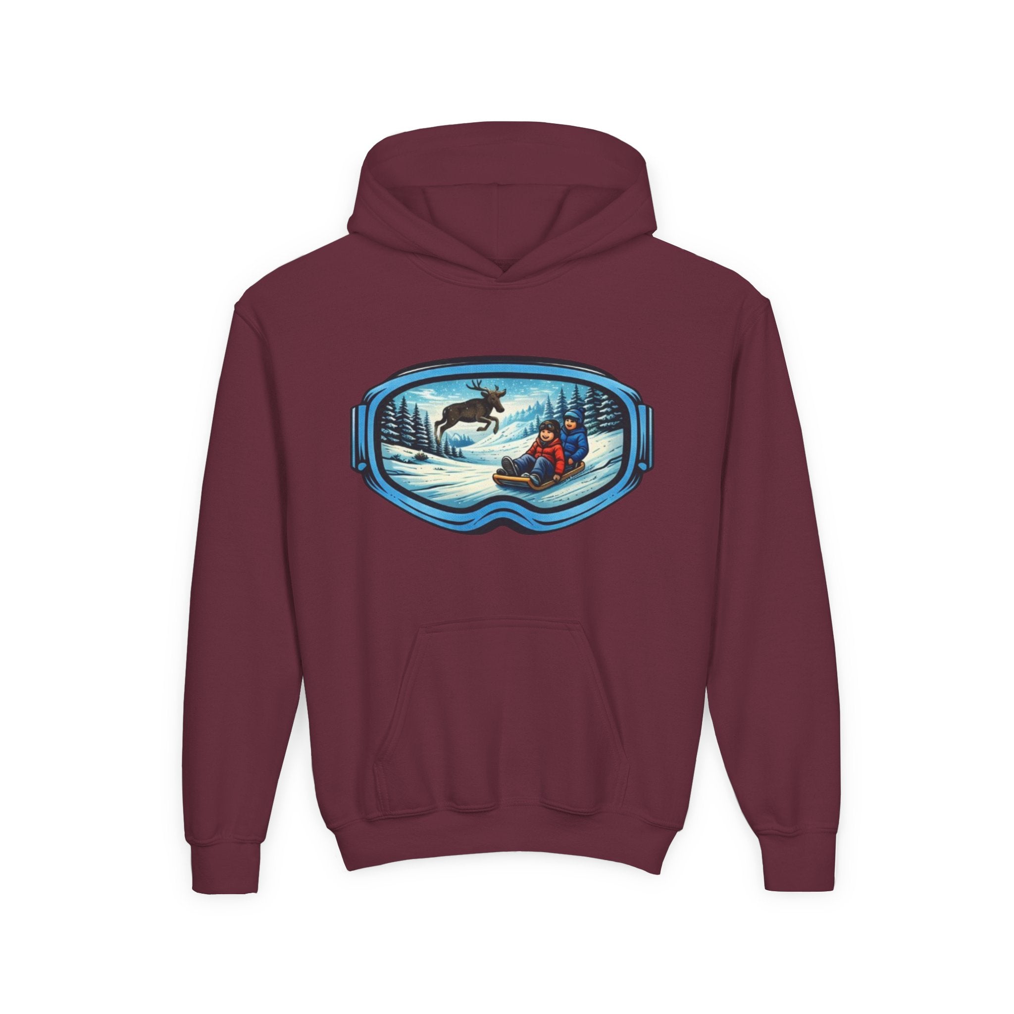 Youth Hoodie | Snow Goggles Winter Sledding Moose Graphic