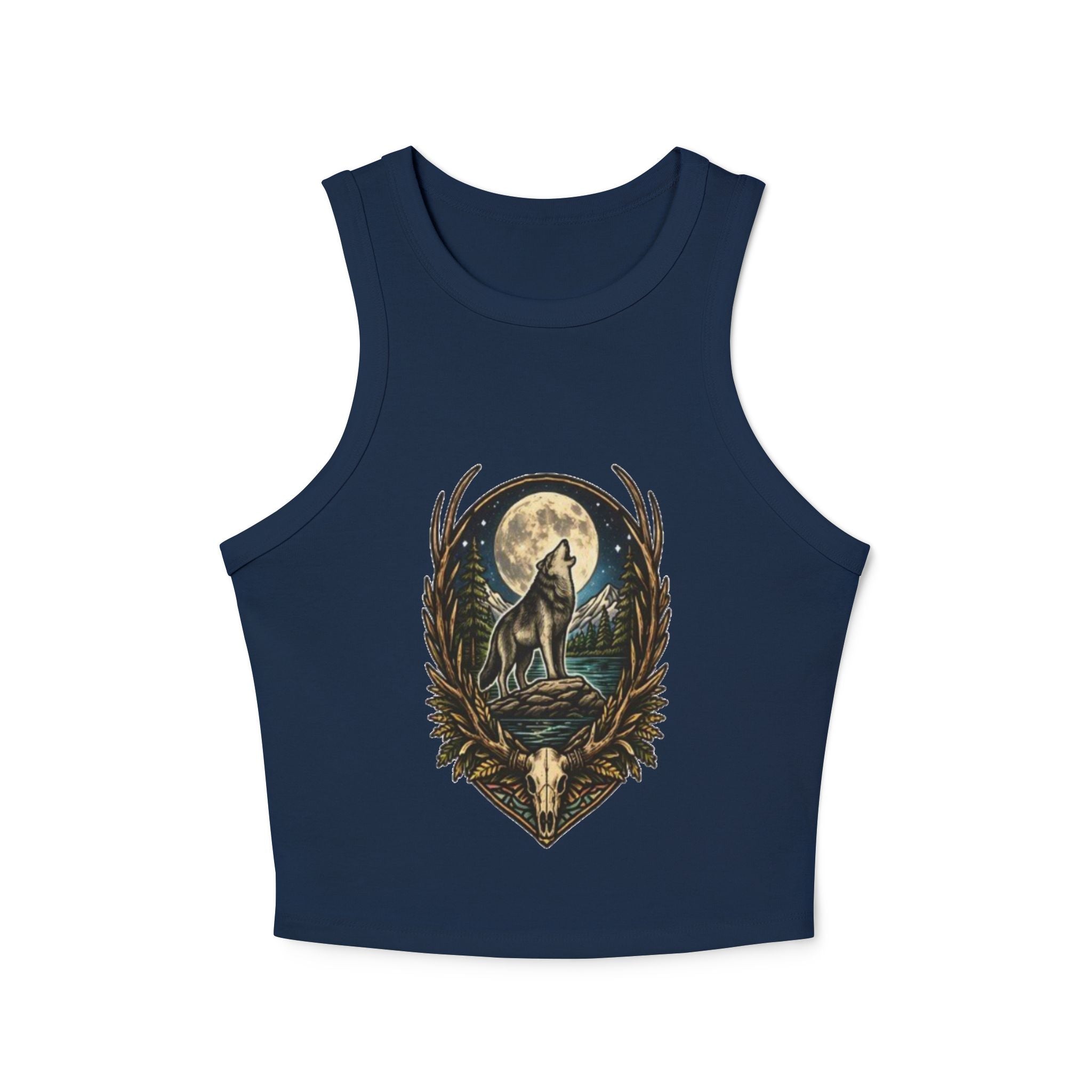 Wolf Howl Racer Tank Top | Moonlight Forest Graphic Crop Top