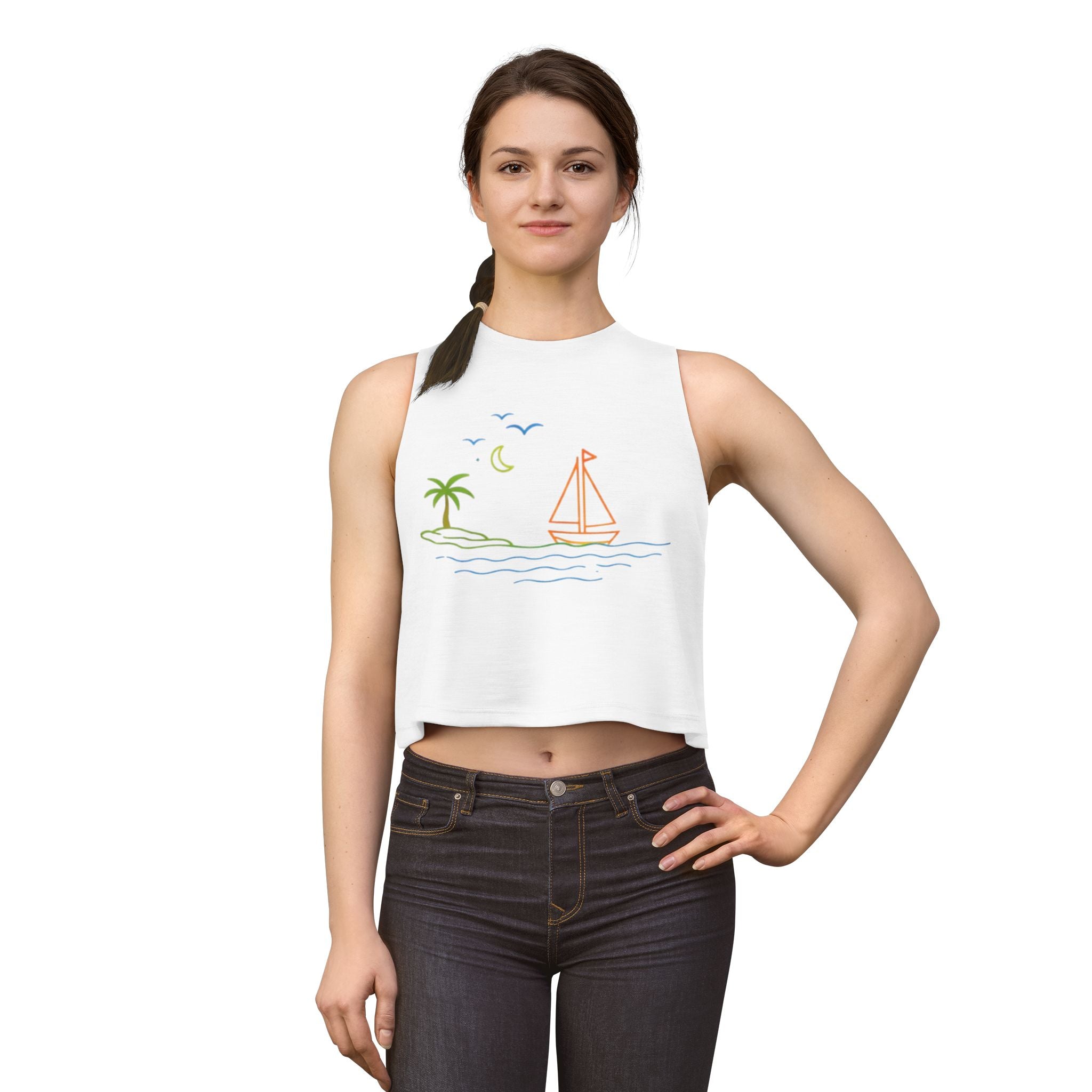Sailboat Beach Crop Top | Minimal Line Art Summer Tank