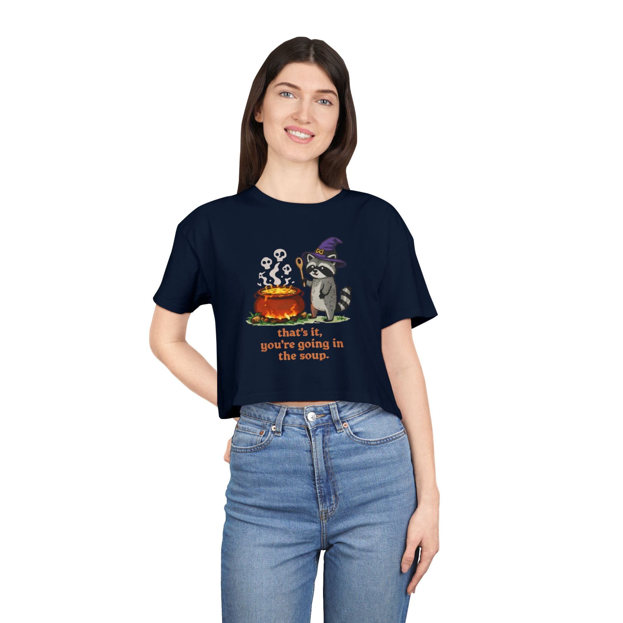 Witch Raccoon Crop Tee | "thats it youre going in the soup" Halloween Graphic Top