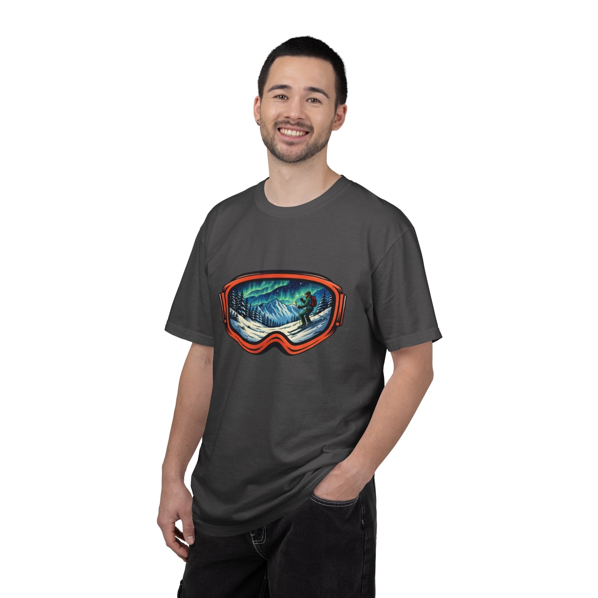 Northern Lights Ski Goggles T-Shirt | Aurora Skiing Landscape Design