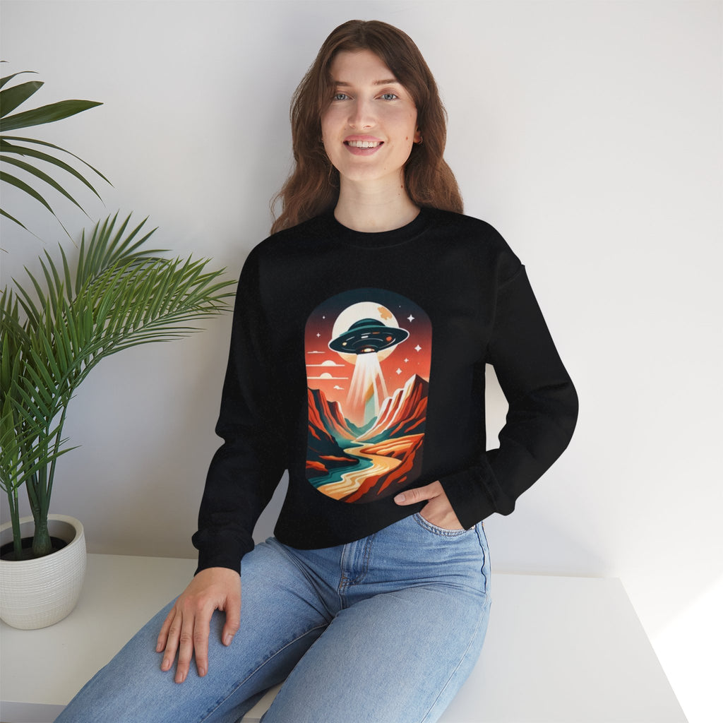 UFO Adventure Crewneck Sweatshirt | Retro Alien Abduction Mountain Graphic