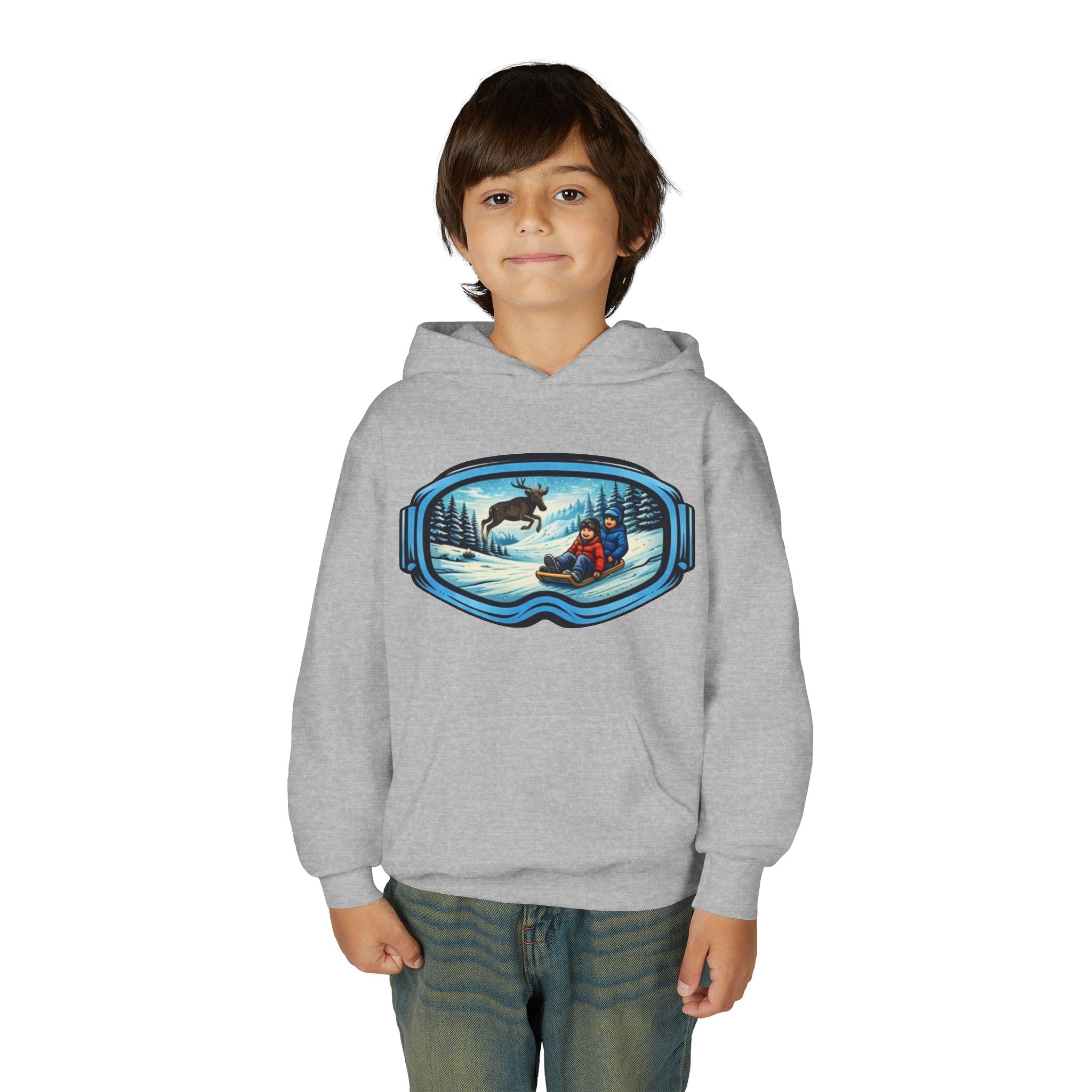 Youth Hoodie | Snow Goggles Winter Sledding Moose Graphic