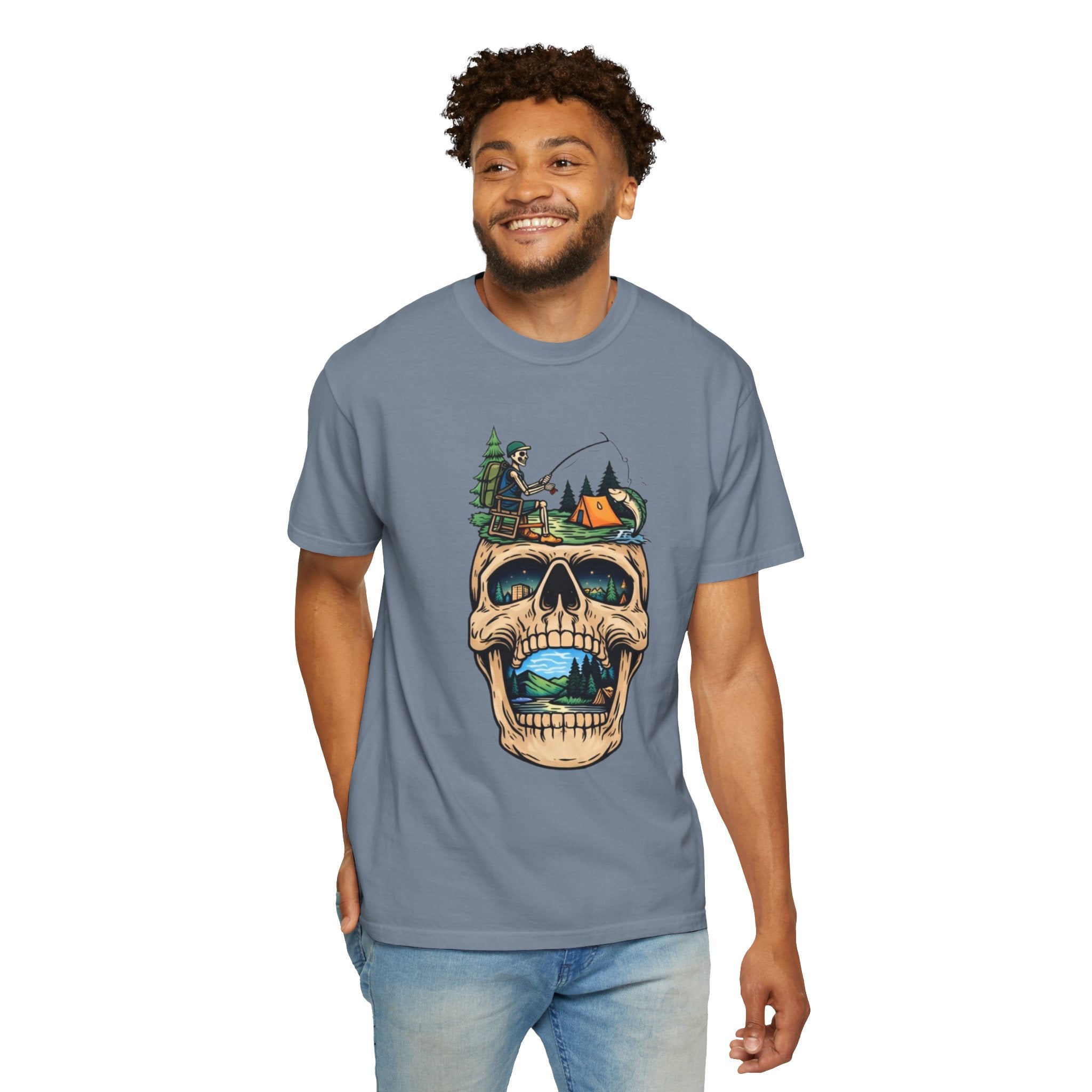 Skull Camping Scene T-shirt | Fishing Camper, Tent & Forest Graphic