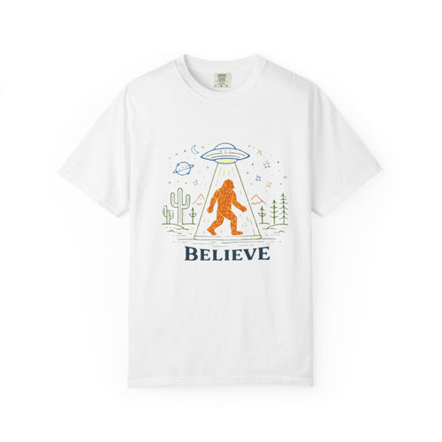 Believe Bigfoot T-Shirt | Retro Sasquatch UFO Graphic Tee