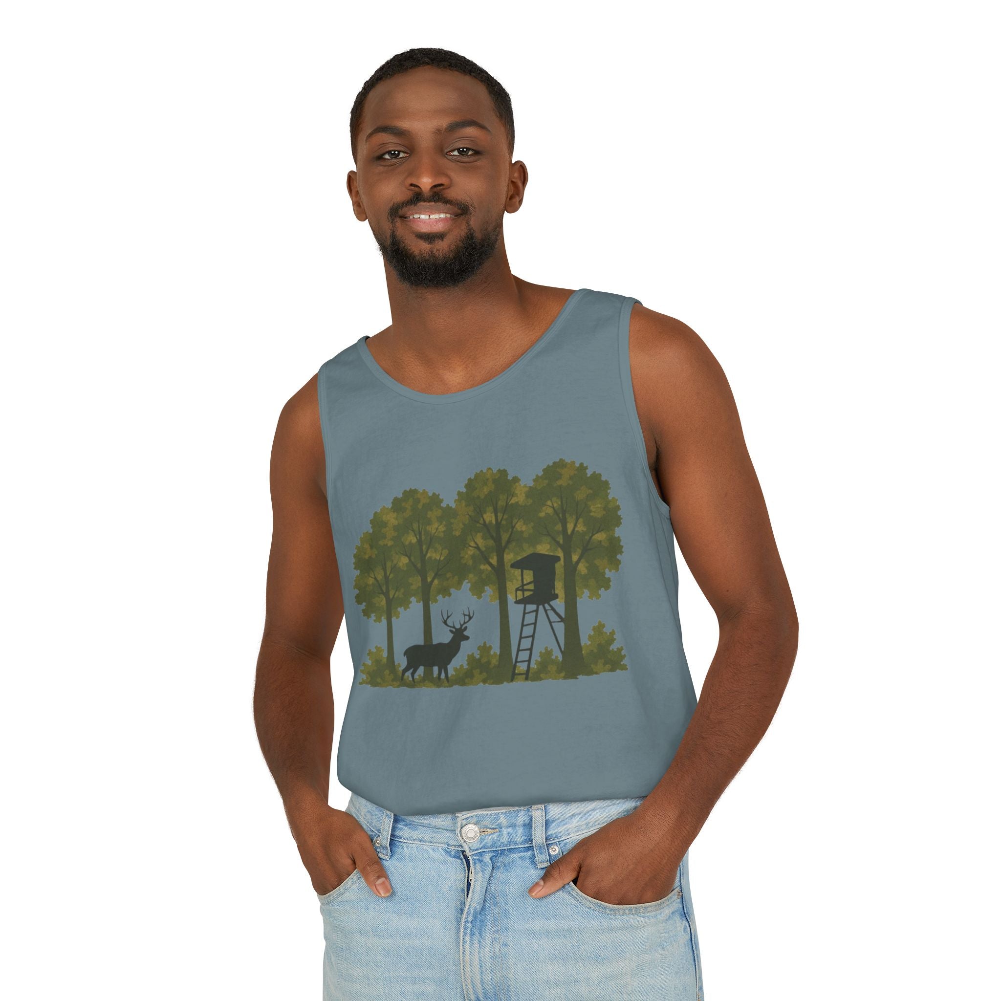 Deer Stand Woodland Tank Top | Hunting Cabin Forest Silhouette