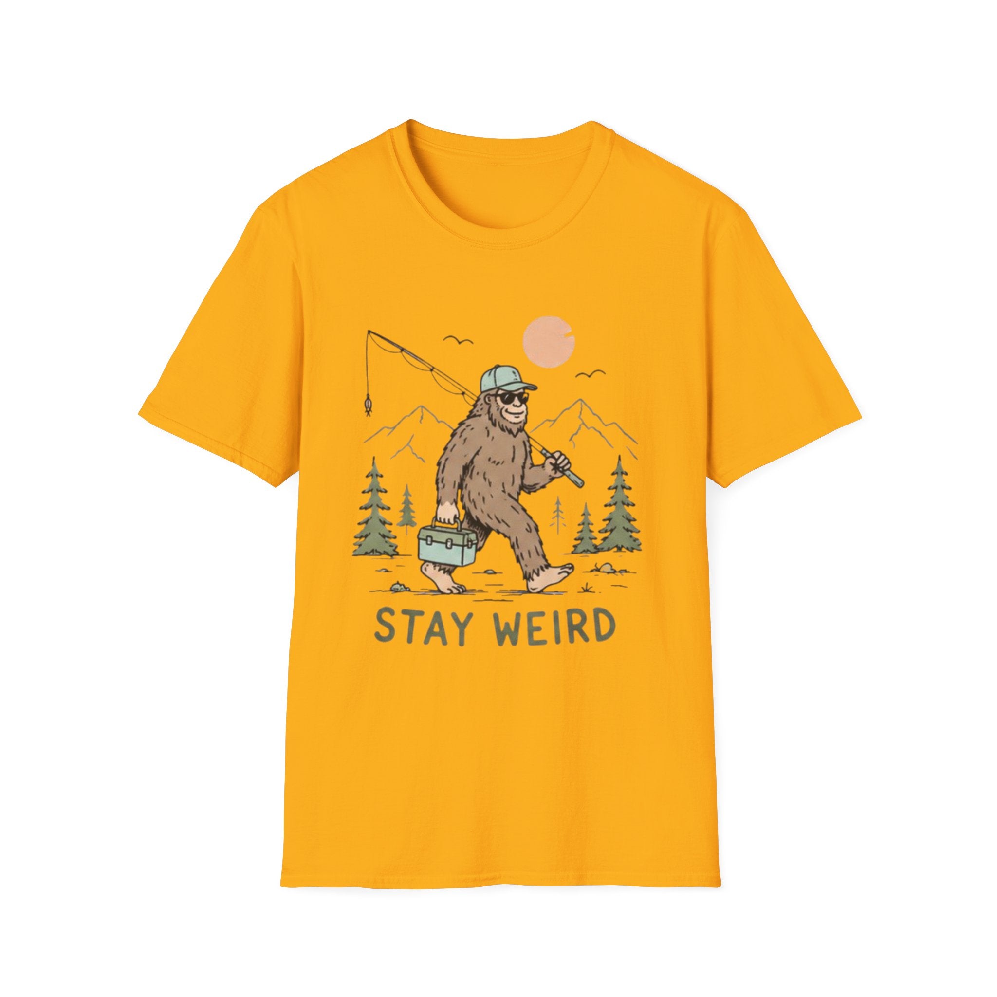 Stay Weird Bigfoot Fishing T-Shirt | Funny Sasquatch Graphic Tee for Nature Lovers