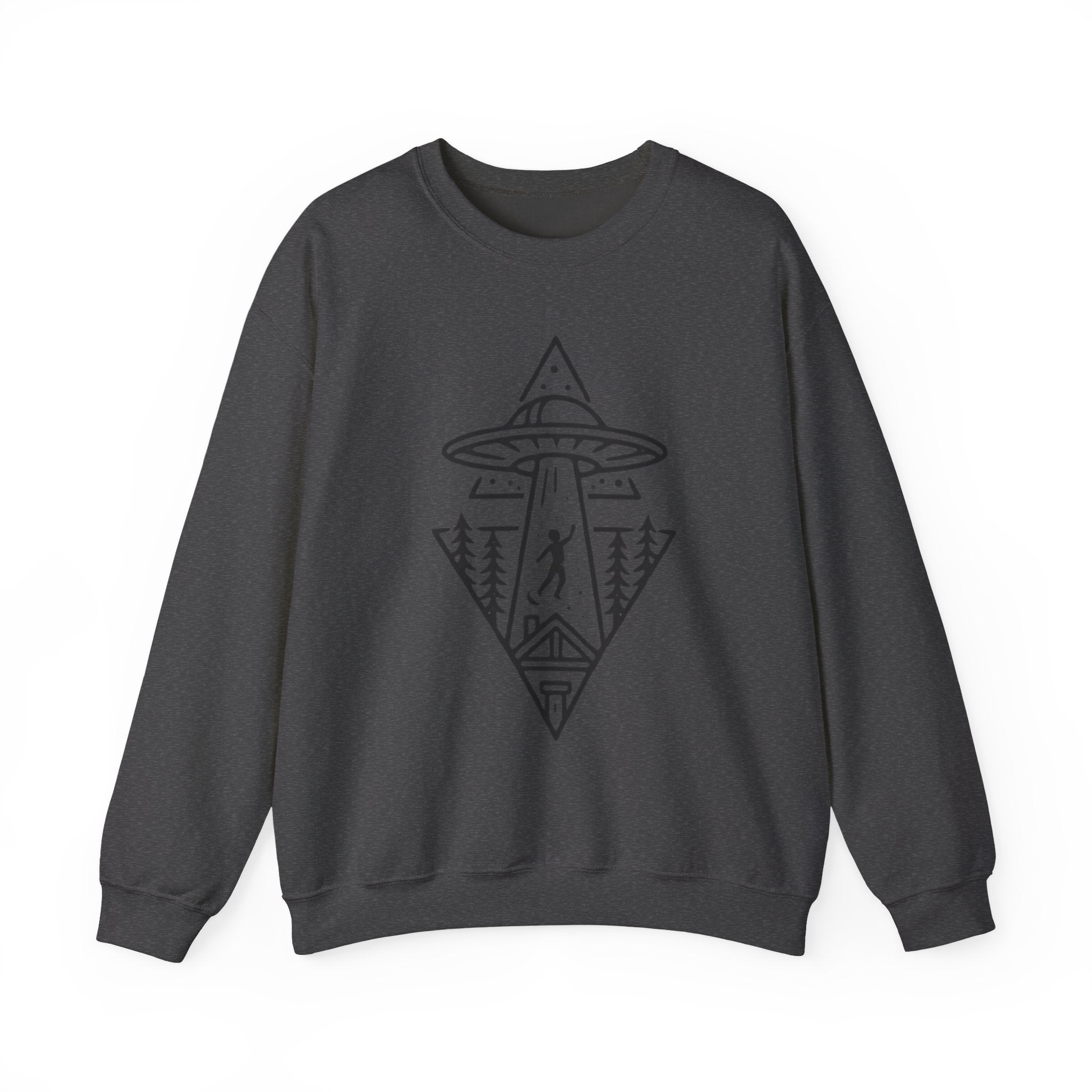 Alien Abduction Crewneck Sweatshirt | Geometric UFO Forest Design