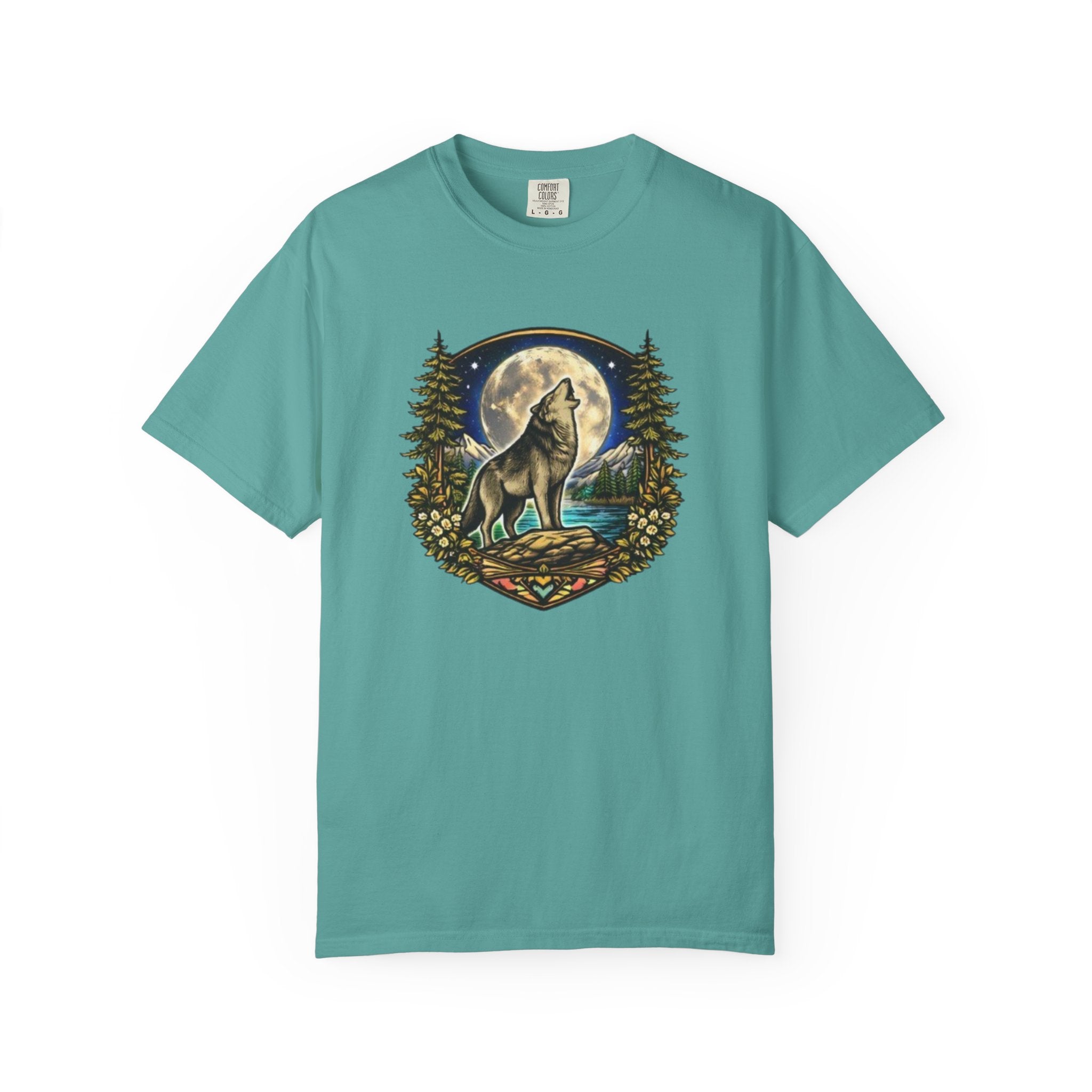 Wolf Howling at Full Moon T-Shirt | Forest Tree Border Graphic