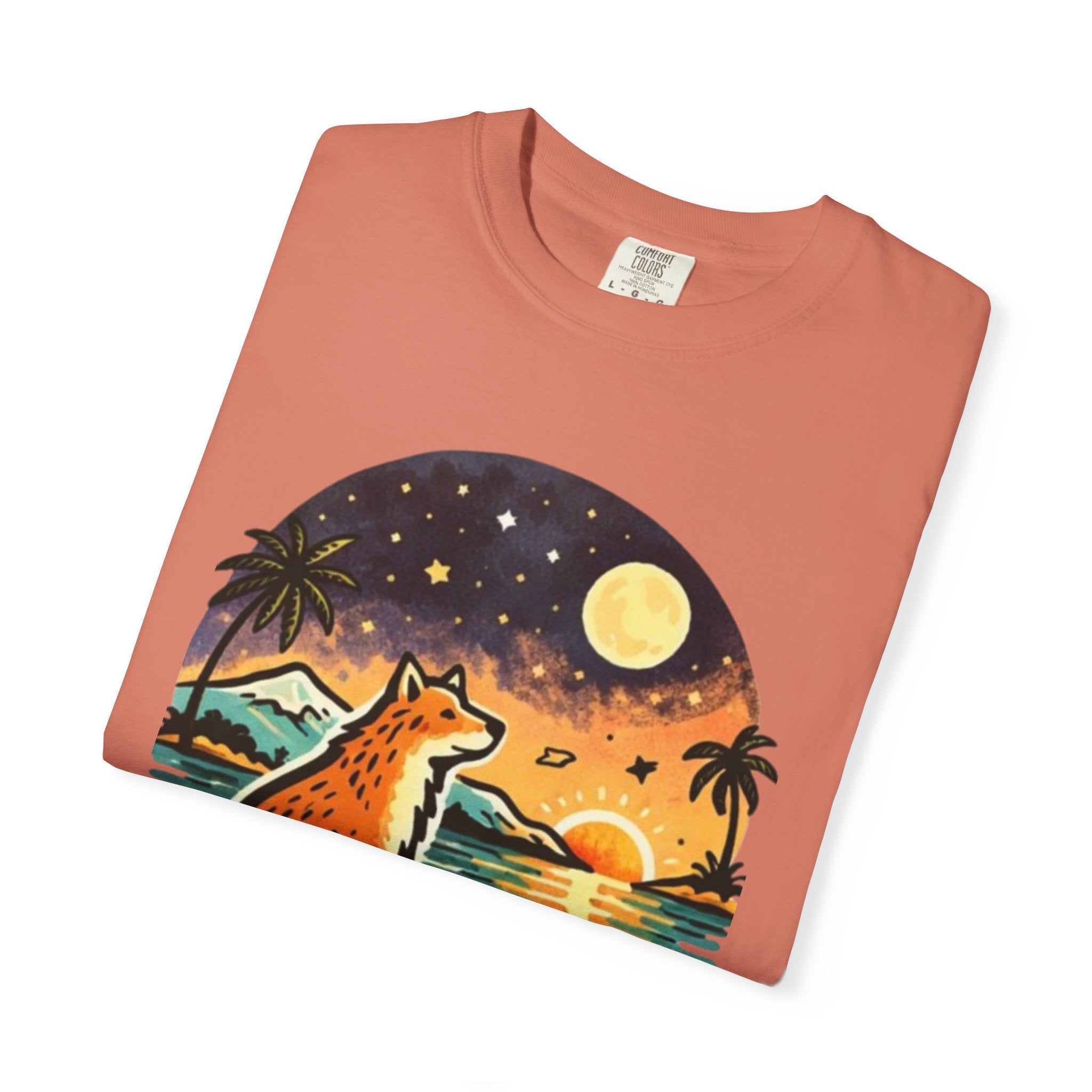 Fox Sunset T-Shirt - Beach Fox Graphic Tee with Skull, Moon & Palm Trees