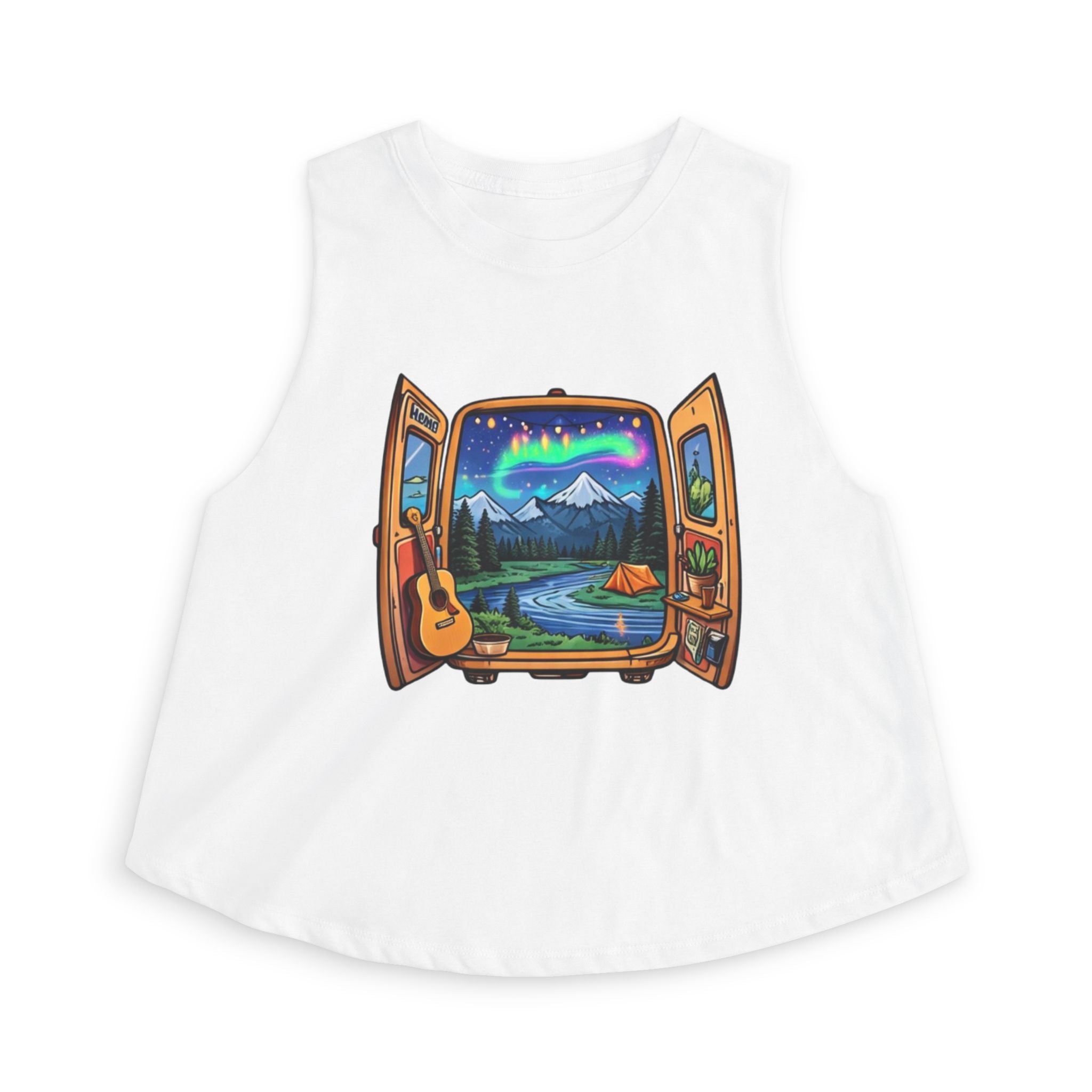 Adventure Window Crop Top | Mountain Camping, Aurora & Guitar Graphic
