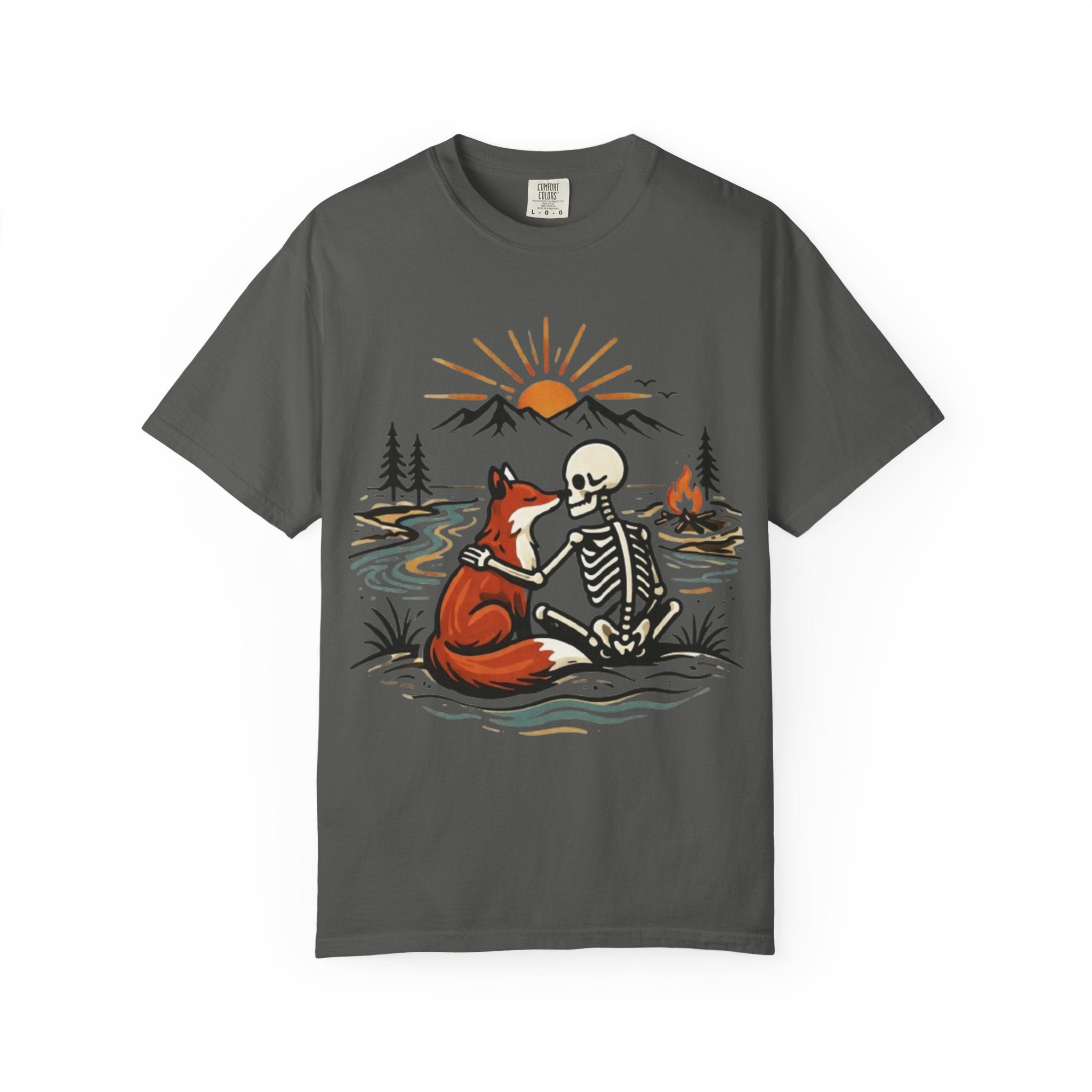 Skeleton & Fox Tee Retro Campfire Nature Graphic T-Shirt