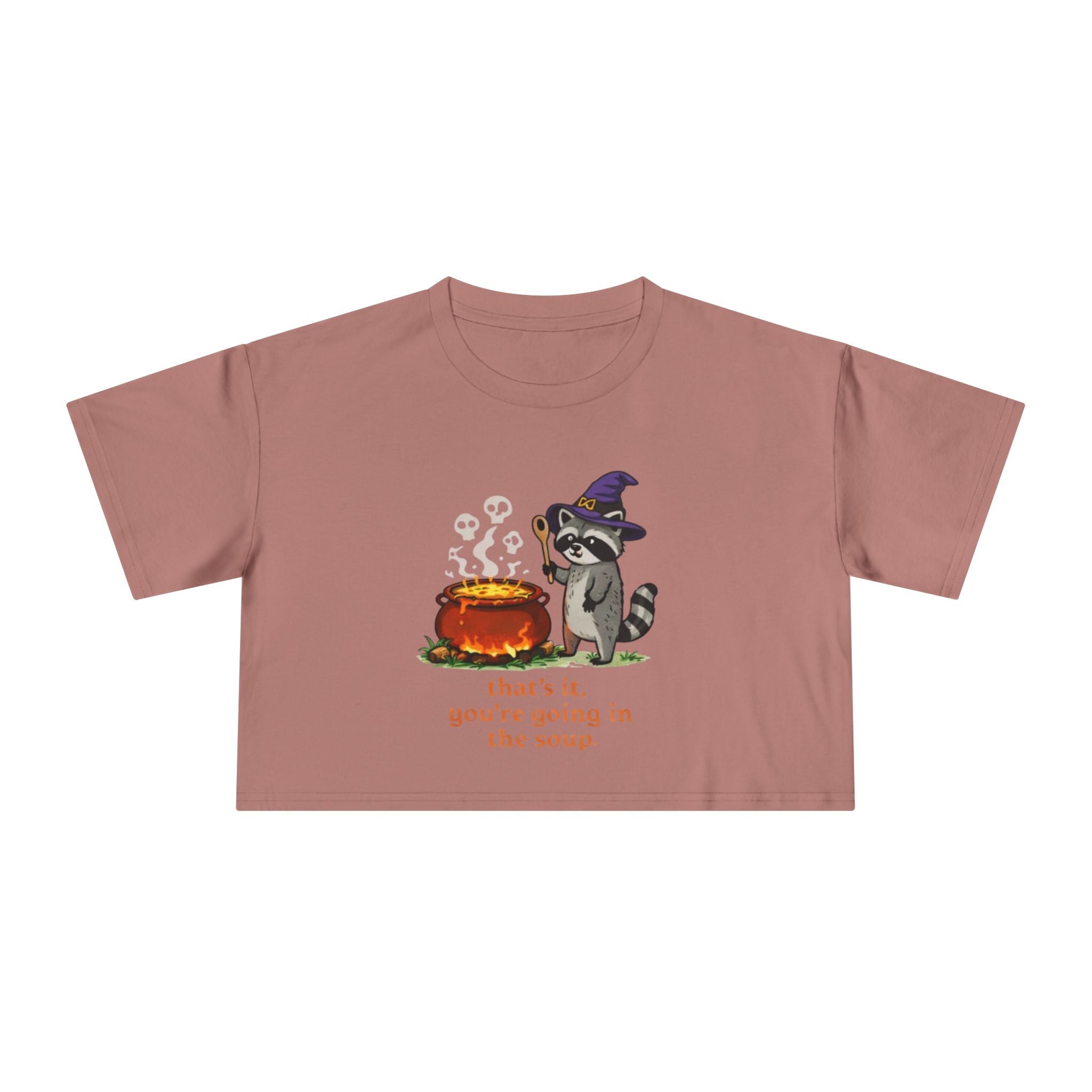 Witch Raccoon Crop Tee | "thats it youre going in the soup" Halloween Graphic Top