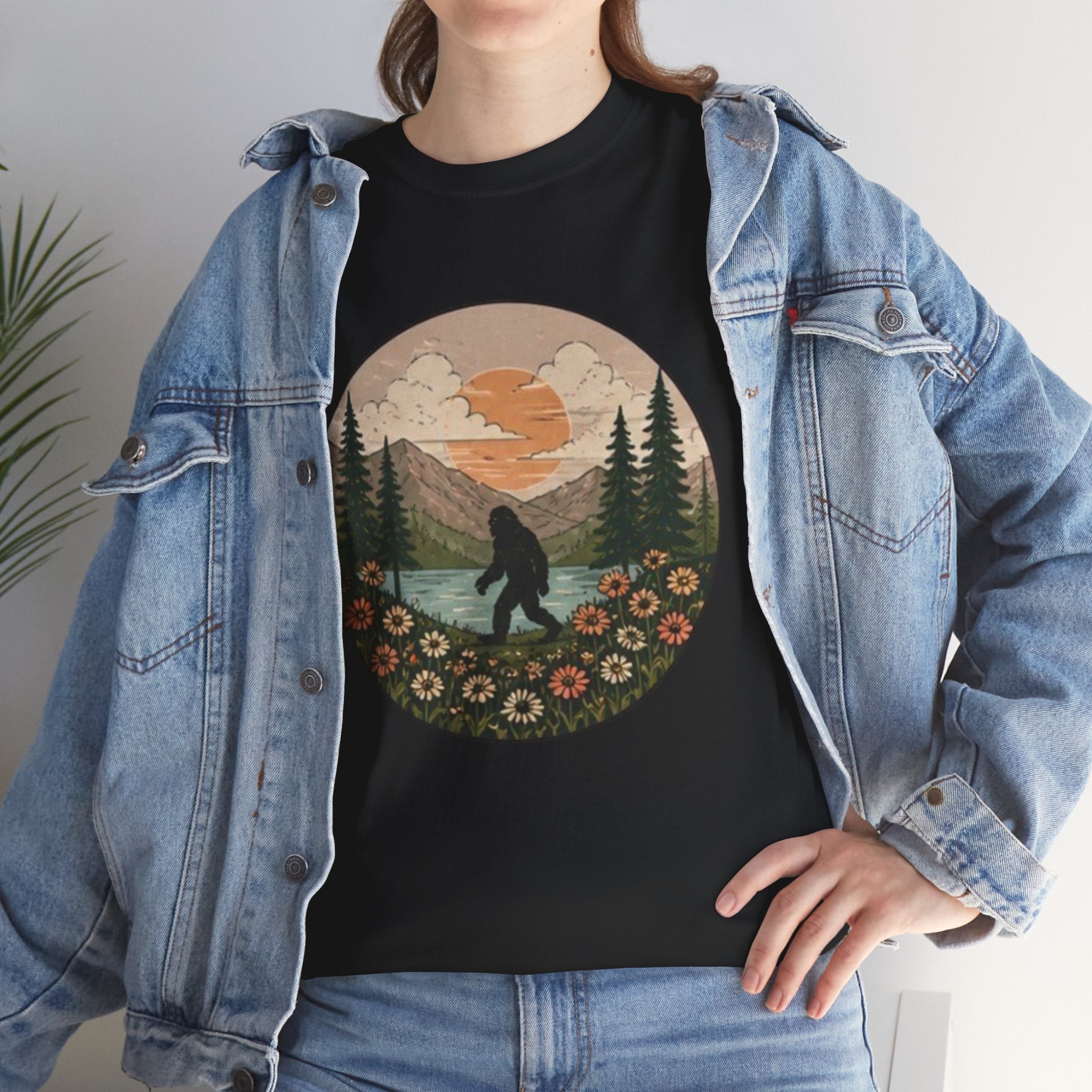 Bigfoot Meadow Retro Tee | Vintage Sasquatch with Flowers