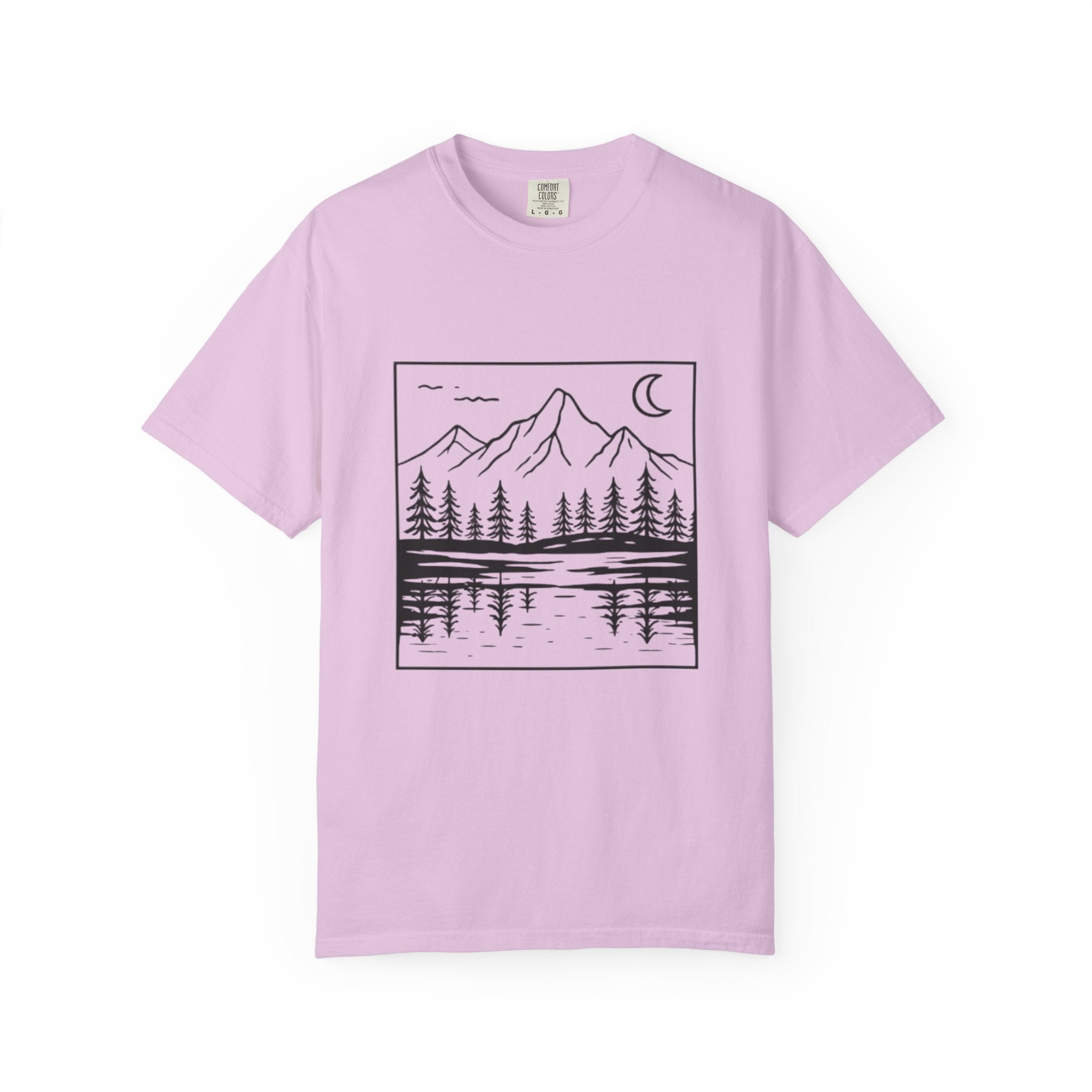 Mountain Lake T-Shirt | Minimal Nightscape with Pine Trees & Crescent Moon