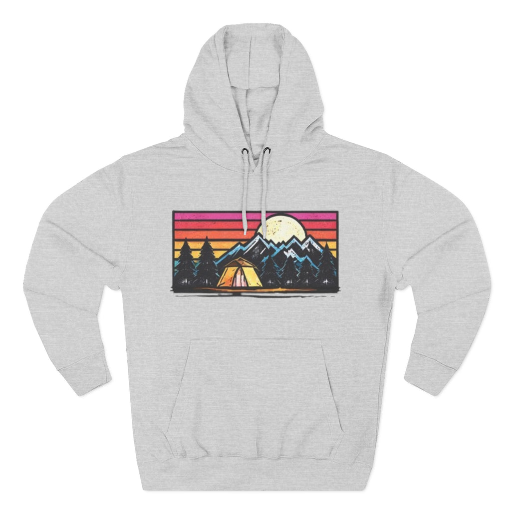 Retro Mountain Camping Hoodie — Sunrise Tent Graphic Fleece Hoodie