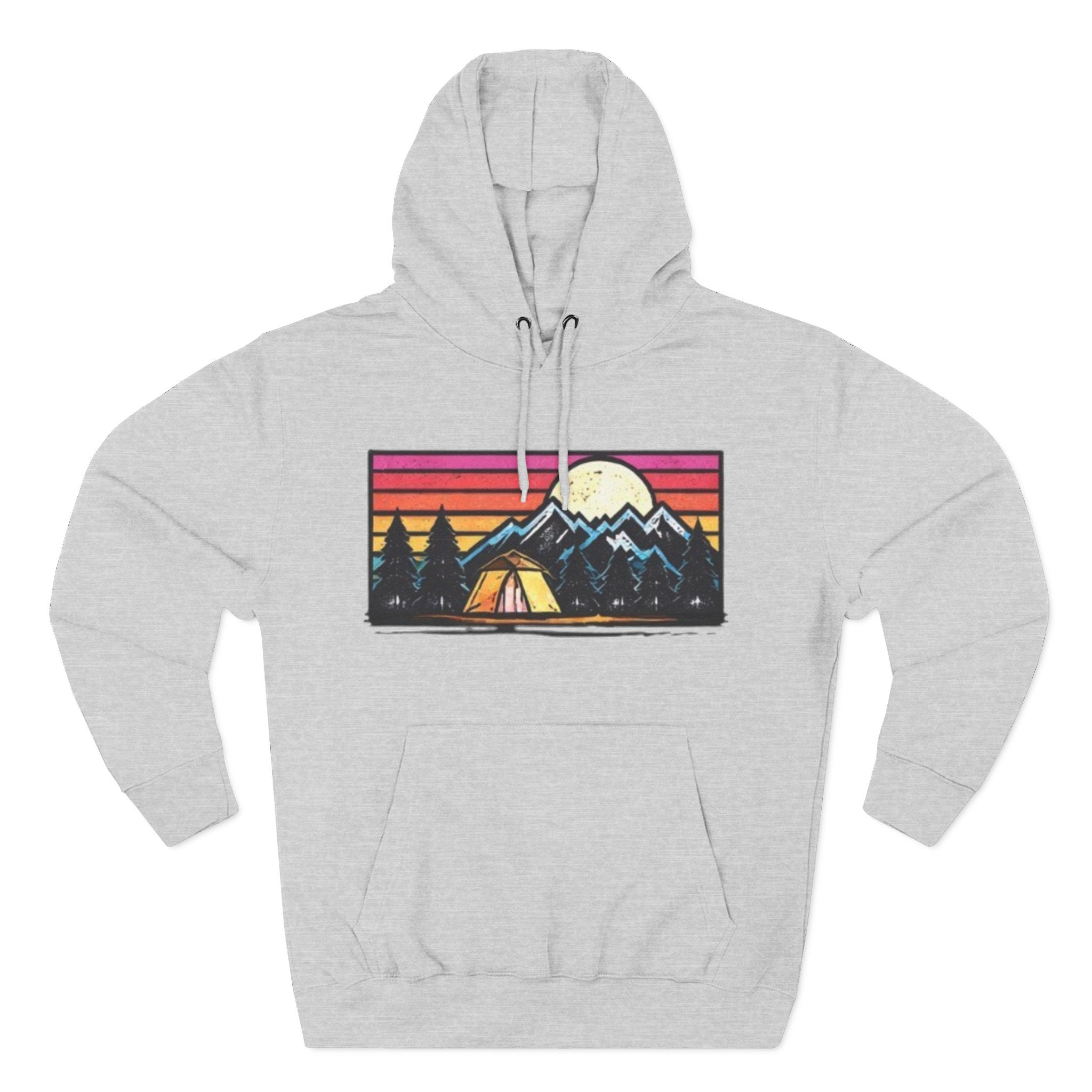 Retro Mountain Camping Hoodie — Sunrise Tent Graphic Fleece Hoodie