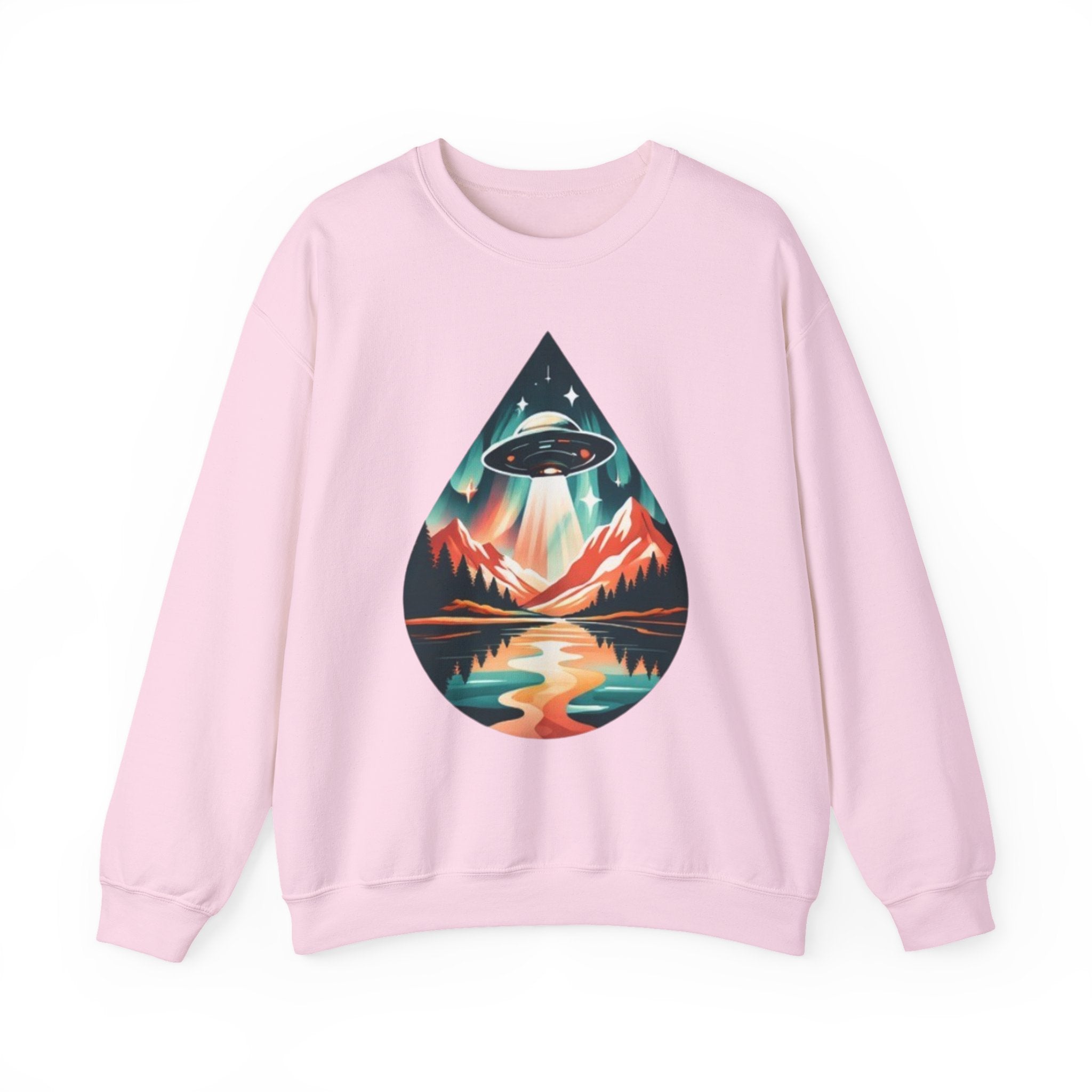 UFO Mountain Crewneck Sweatshirt | Retro Alien Landscape Graphic